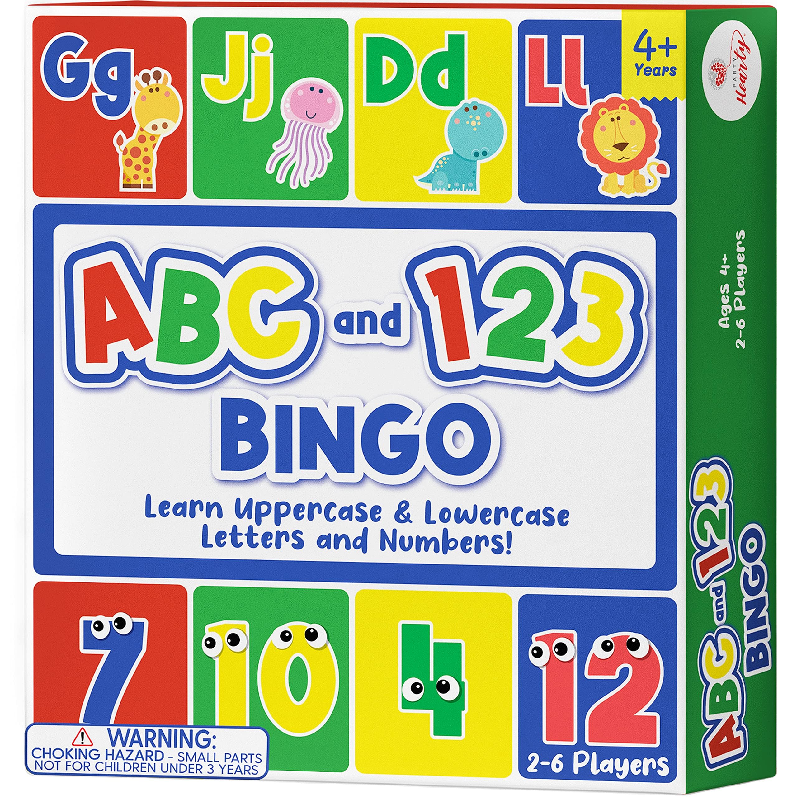 Party Hearty Alphabet and Number, ABC and 123 Bingo Board Game for Kindergarten and Preschool Kids Learn to Read Fun 2 Versions for Ages 4 and Up (Animal Edition)