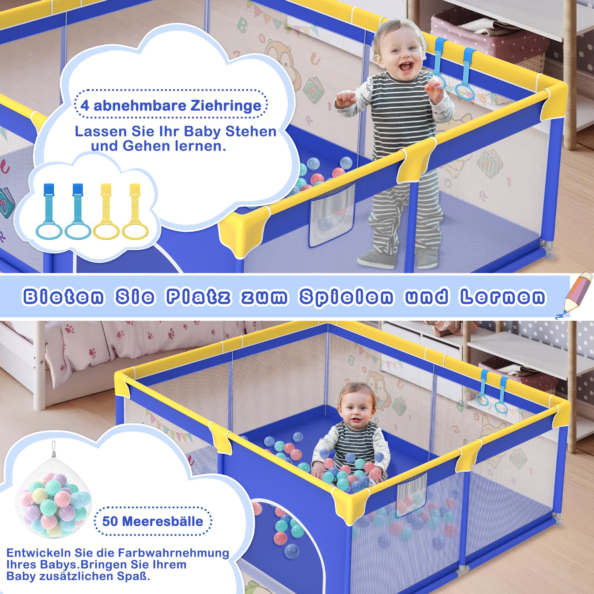 XMTECH Kojec dla niemowląt, przenośny, z 50 piłkami do zabawy, 180 cm x 200 cm x 68 cm, kratka ochronna z oddychającą siatką i zamkiem błyskawicznym i 4 pierścieniami do ciągnięcia (niebieski z