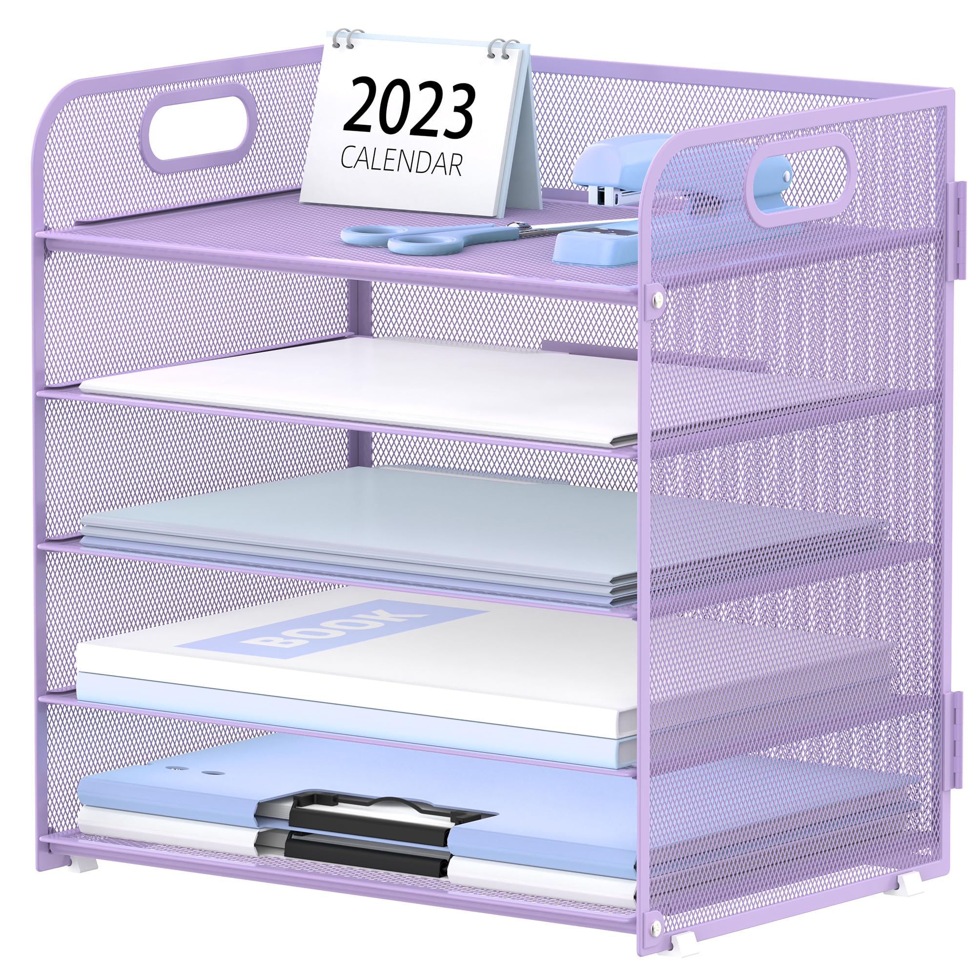 Supeasy 5 Trays Papier Organizer Brief Tray mit Griff-Mesh Schreibtisch Datei Organizer, Papier Sortier Schreibtisch Organizer für Büro, Haus oder Schule, Lila