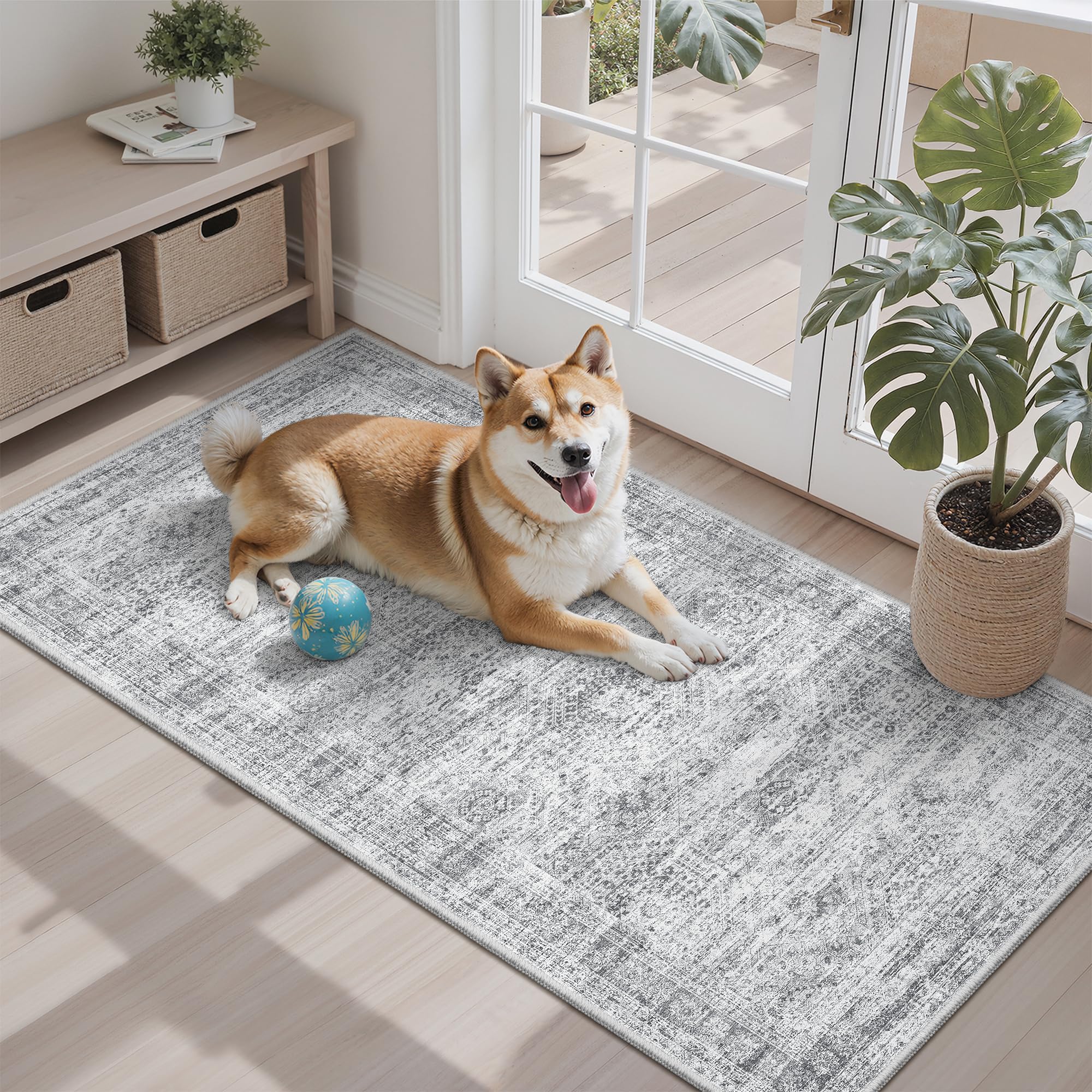 Soalmost 2x4 Washable Rugs for Kitchen, Entryway, Small Area Rug Grey | Non-Slip Vintage Low Pile Throw Door Mat For Bathroom Entry Laundry Powder Room, Stain Resistant Indoor Entrance Floor Carpet Grey 2' x 4' (Rectangular)