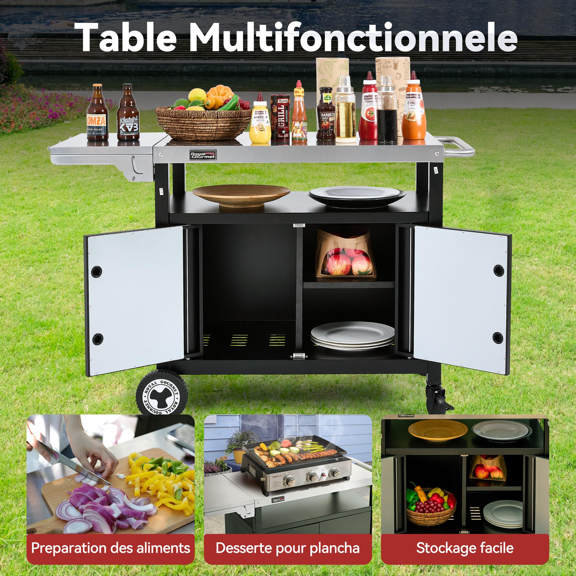 Royal Gourmet Chariot de Barbecue avec Porte d'Armoire, Desserte Extérieure pour Plancha avec Dessus de Table en Acier INOX 85 x 50cm et Table d'Appoint Pliable de 30 x 50cm, pour Cuisine et Jardin