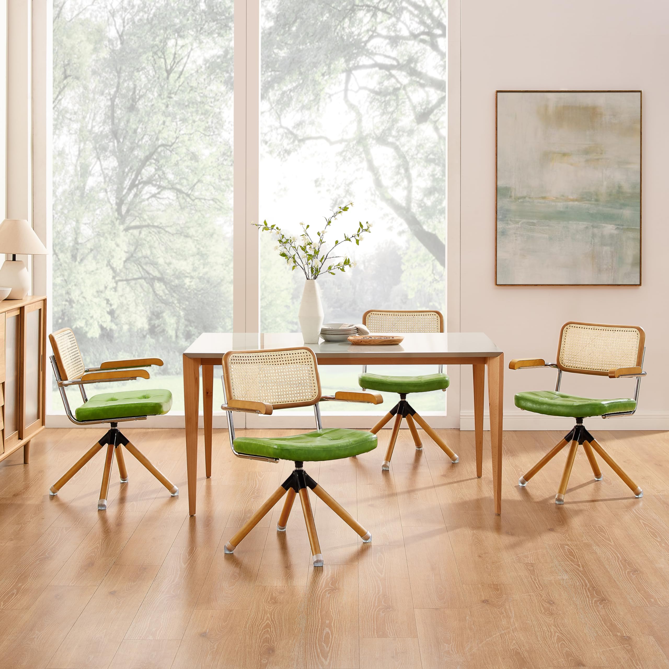Zouron Silla de Comedor de Estilo Moderno (Respaldo de ratán), Silla giratoria 360° (tapizado en Piel sintética), sin Ruedas, Verde