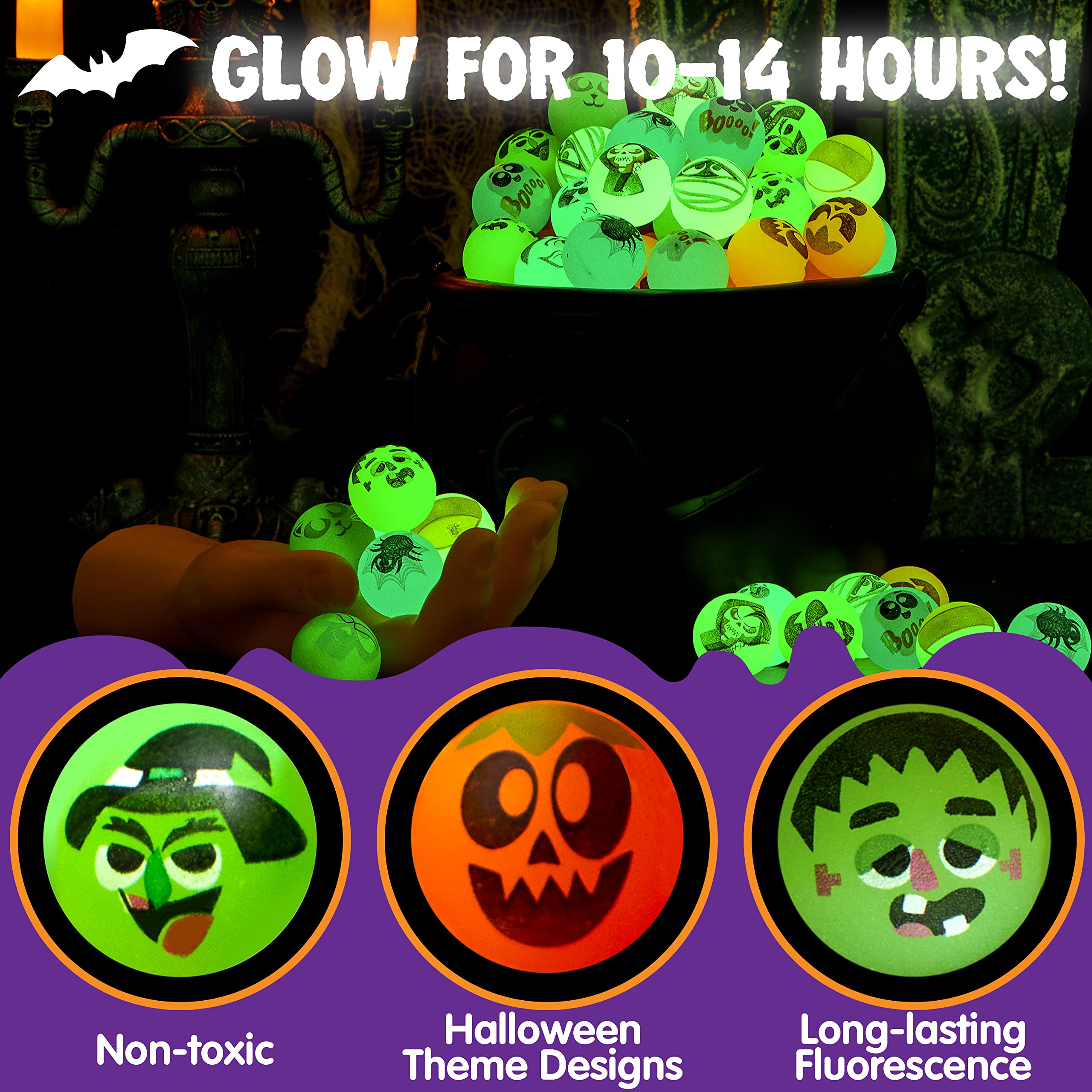 JOYIN 96 PCS Halloween Bouncing Balls for Kids, 12 Halloween Theme Designs Glow in The Dark Bouncing Balls for Halloween Party and Supplies, Goodie Bag Fillers, Halloween Trick Treat Toys and Game