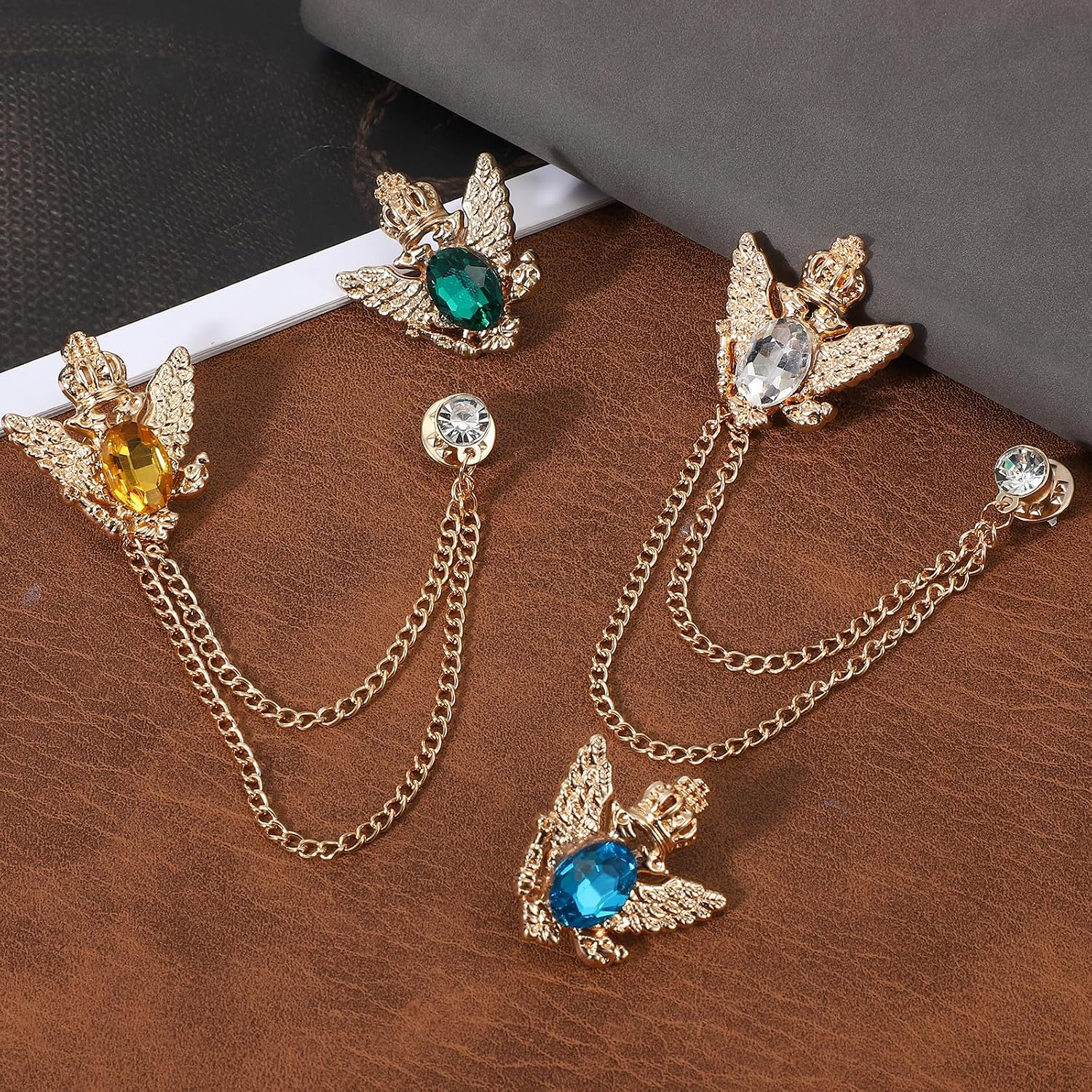 PATIKIL Vintage Crown Hanging Chain Brooch Pins, Animal Tassel Gem Chain Brooch Pin Double Wings Lapel Pins for Women Men