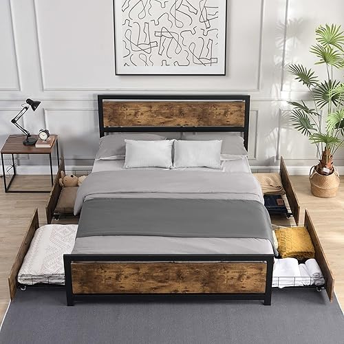 Miniatura 7 de Base de cama matrimonial resistente con 4 cajones, plataforma de almacenamiento de metal con cabecera de madera y espacio de almacenamiento, base de