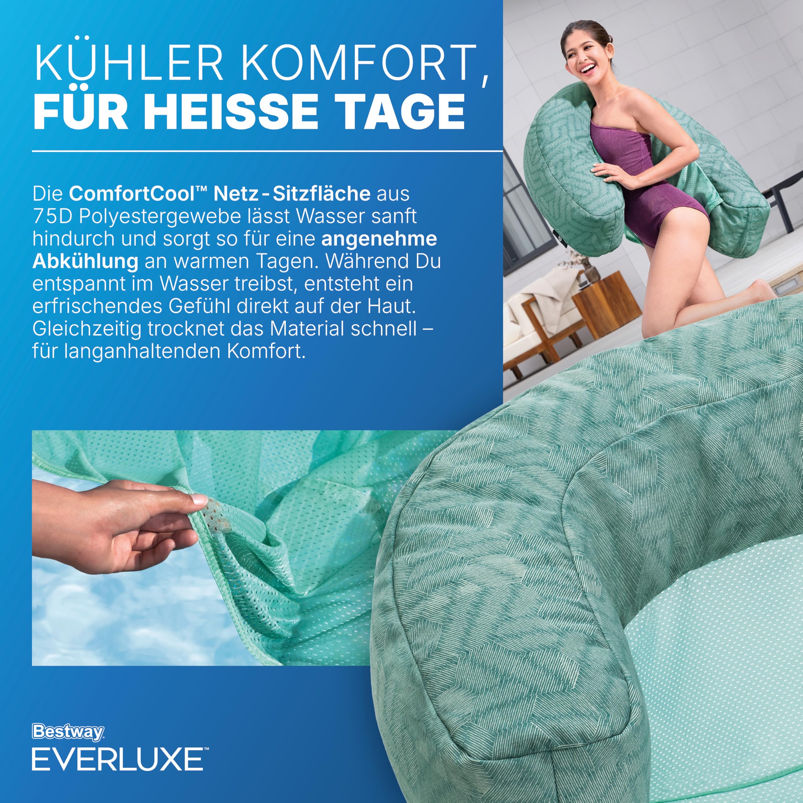 Bestway Everluxe Poolsitz 92x66x20 cm mit Textiloberfläche, EPS-Perlen-Füllung, ComfortCool Netz-Liegefläche, schnell trocknend, UV-beständig, bis 100 kg