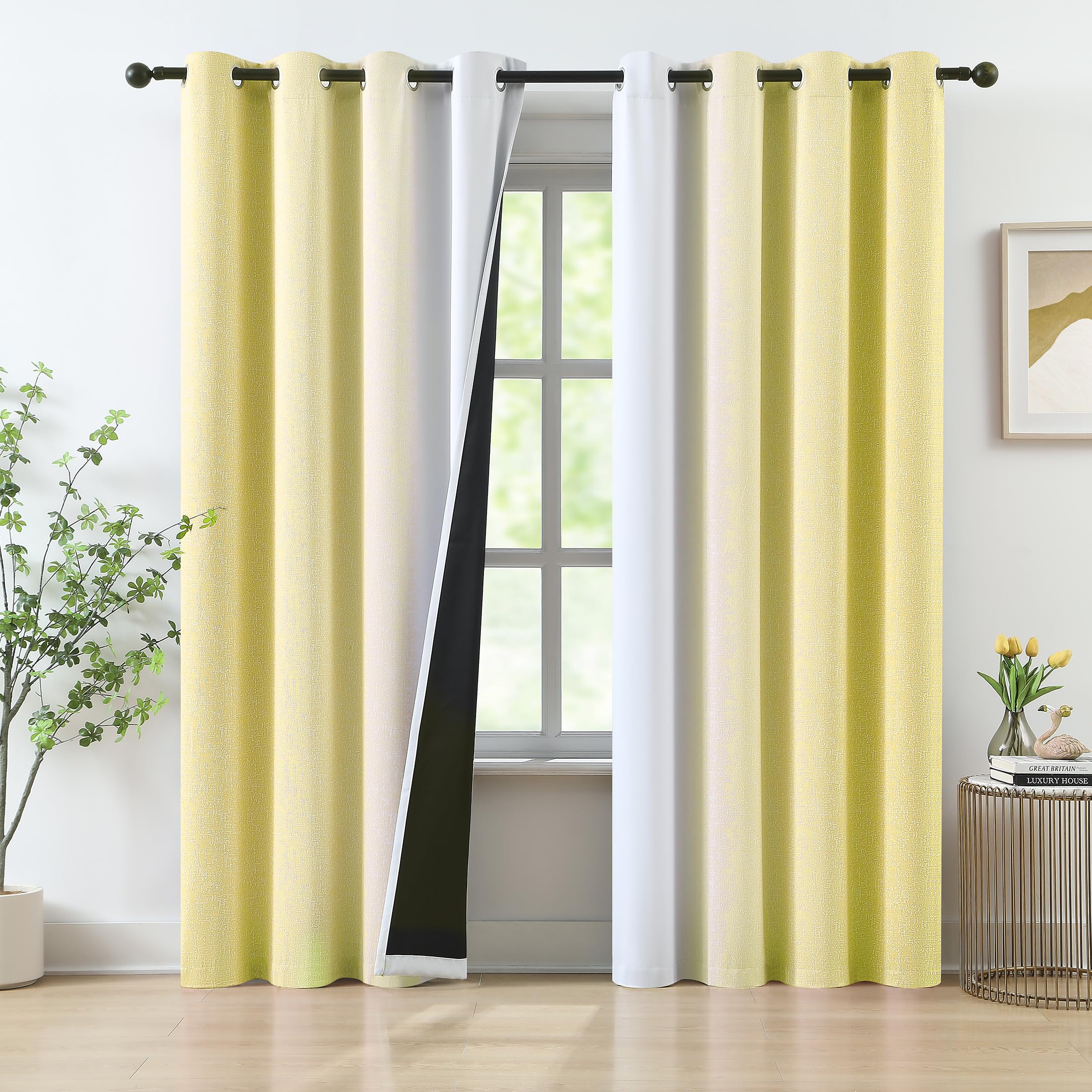 Ombre Yellow Blackout Curtains 63 Inch Long for Living Room Bedroom, Gradient Thermal Insulated Room Darkening Window Curtain Drapes for Girls Room