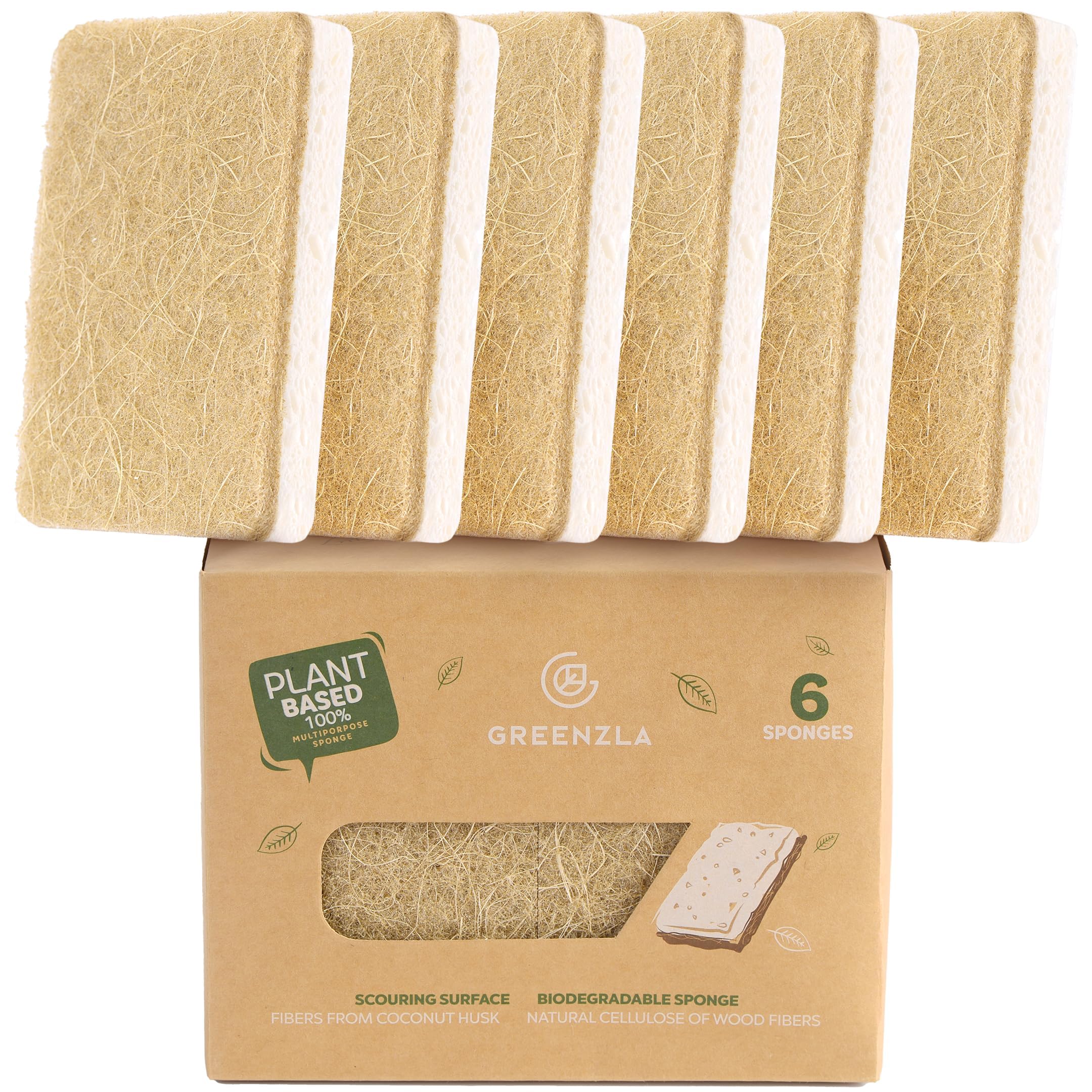 Greenzla Natural Kitchen Sponges 6 Pack - Plant-Based Biodegradable Sisal Hemp Dish Sponge - Eco-Friendly, Zero-Odor, Non-Scratch Scouring Pad for Kitchen Countertops, Bathtubs, Tiles, and More