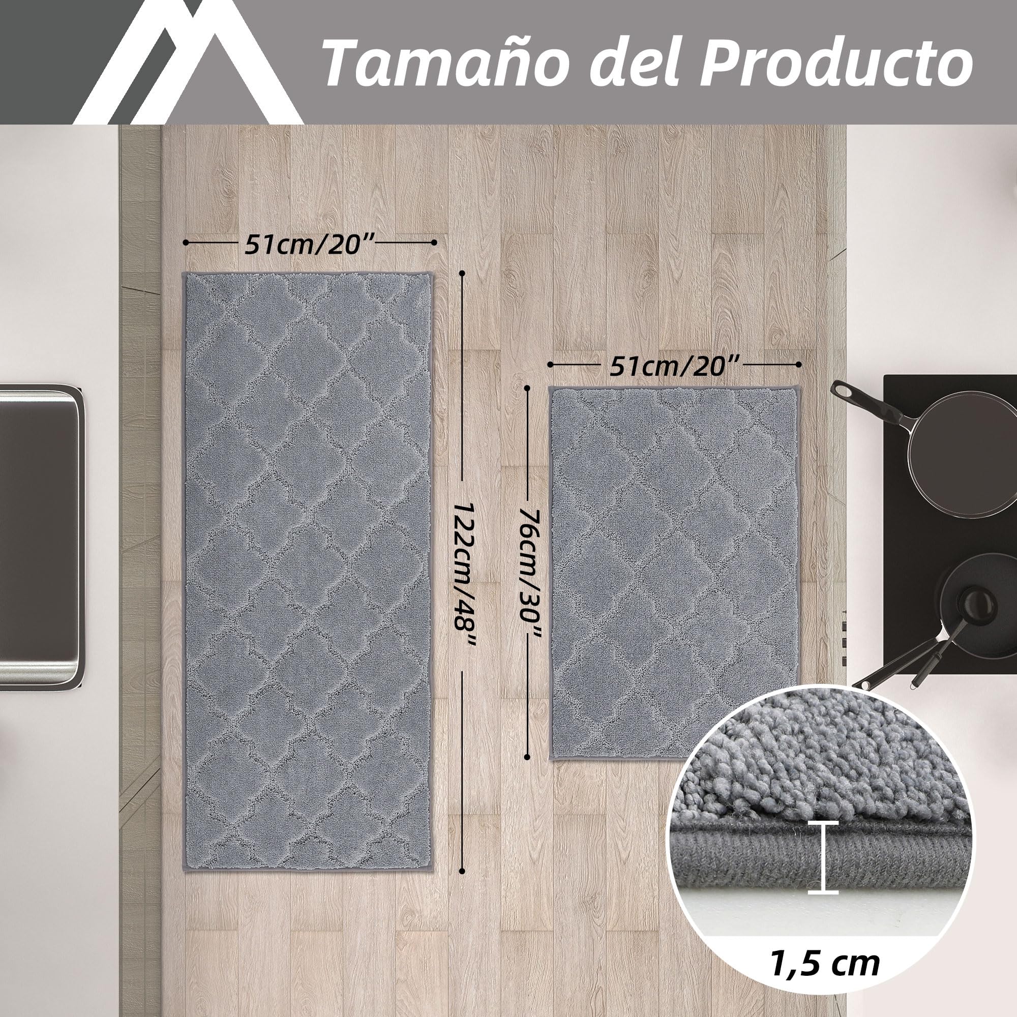 COSY HOMEER Alfombra de Cocina Antideslizante Lavable, Set de 2 Unidades (51 x 76 cm + 51 x 122 cm), Alfombra para Pasillo y Cocina, Ideal para Sala de Estar, Gris