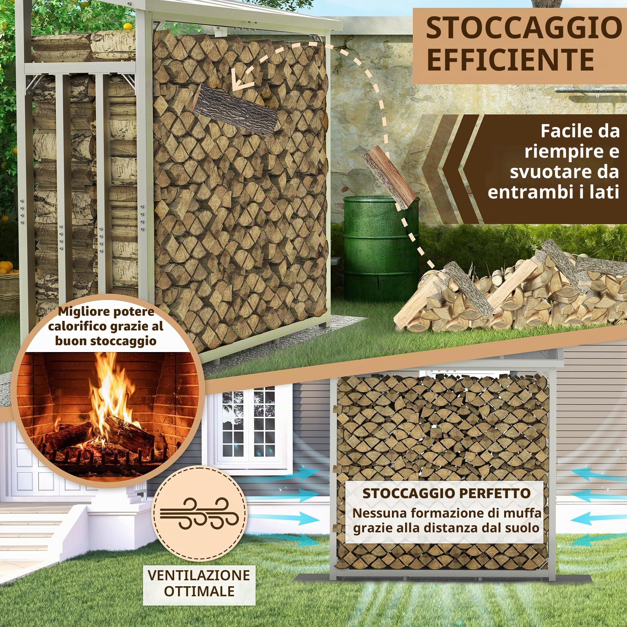 Portalegna da Esterno Coperto con Tetto 188x70x188 cm Argento Zincato | 45 kg, Metallo, Capacità 3t, Con Telone, Legnaia da Esterno