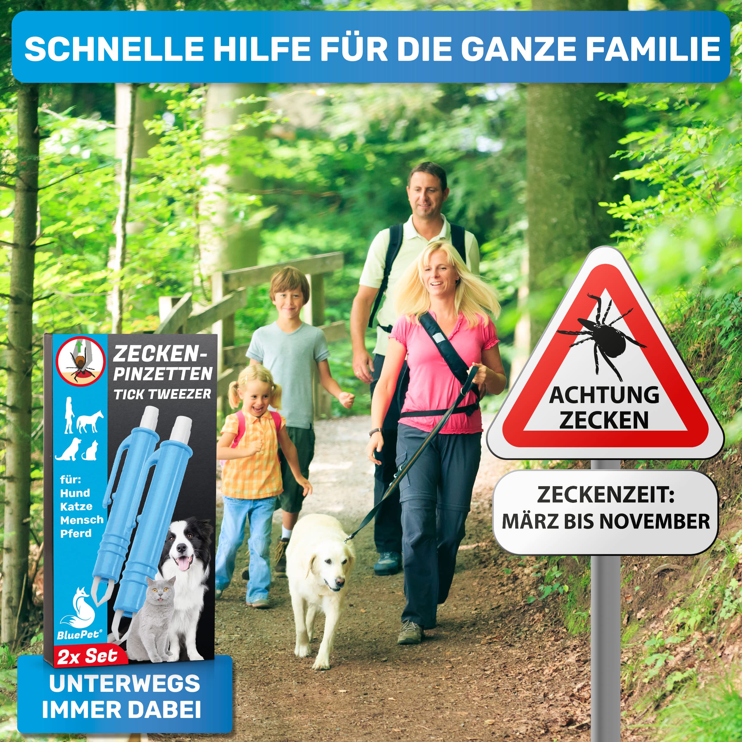 BluePet 3X Automatische Zeckenzange als Zuverlässige Zeckenpinzette Für Hunde, Katzen, Pferde & Menschen I Perfekter zeckenentferner für jedes Zeckennotfallset