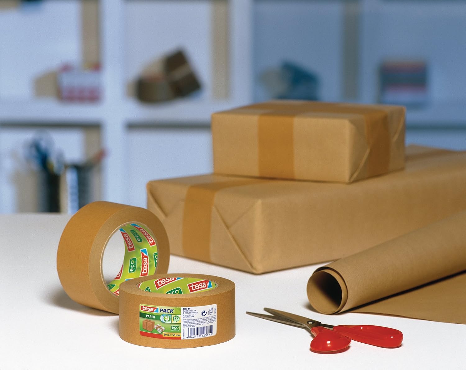 tesa 57180-00000-02 Paper Packaging Tape Made from Recycled Materials for Packing Parcels and Boxes 50 m x 50 mm, Pack of 6