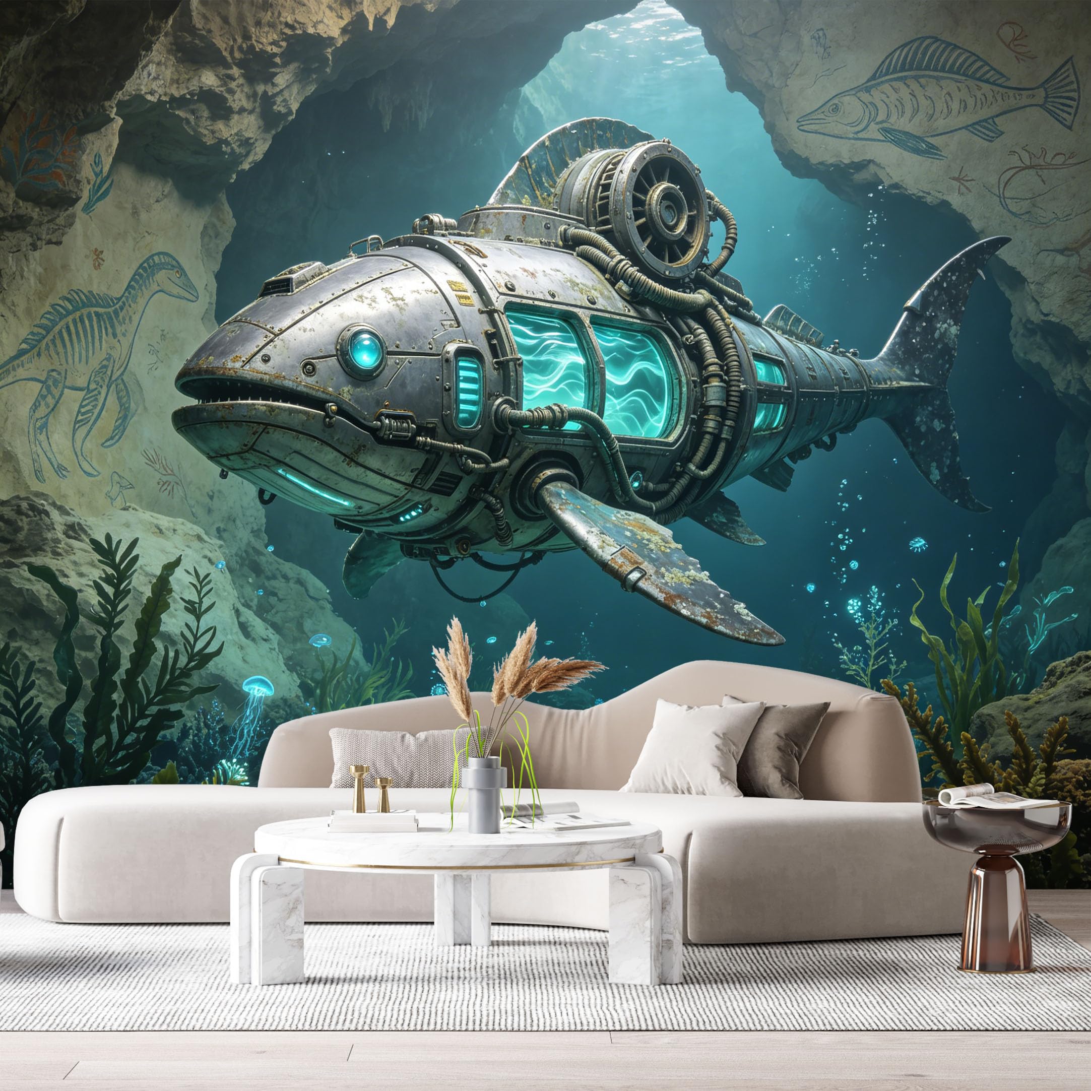 Custom Size Wall Mural Mechanical Aquatic Predator Submarine Steampunk Ocean Mech Underwater SciFi SelfAdhesive Art Prints Removable Large Wallpaper Esports Game Tenant Room Studio