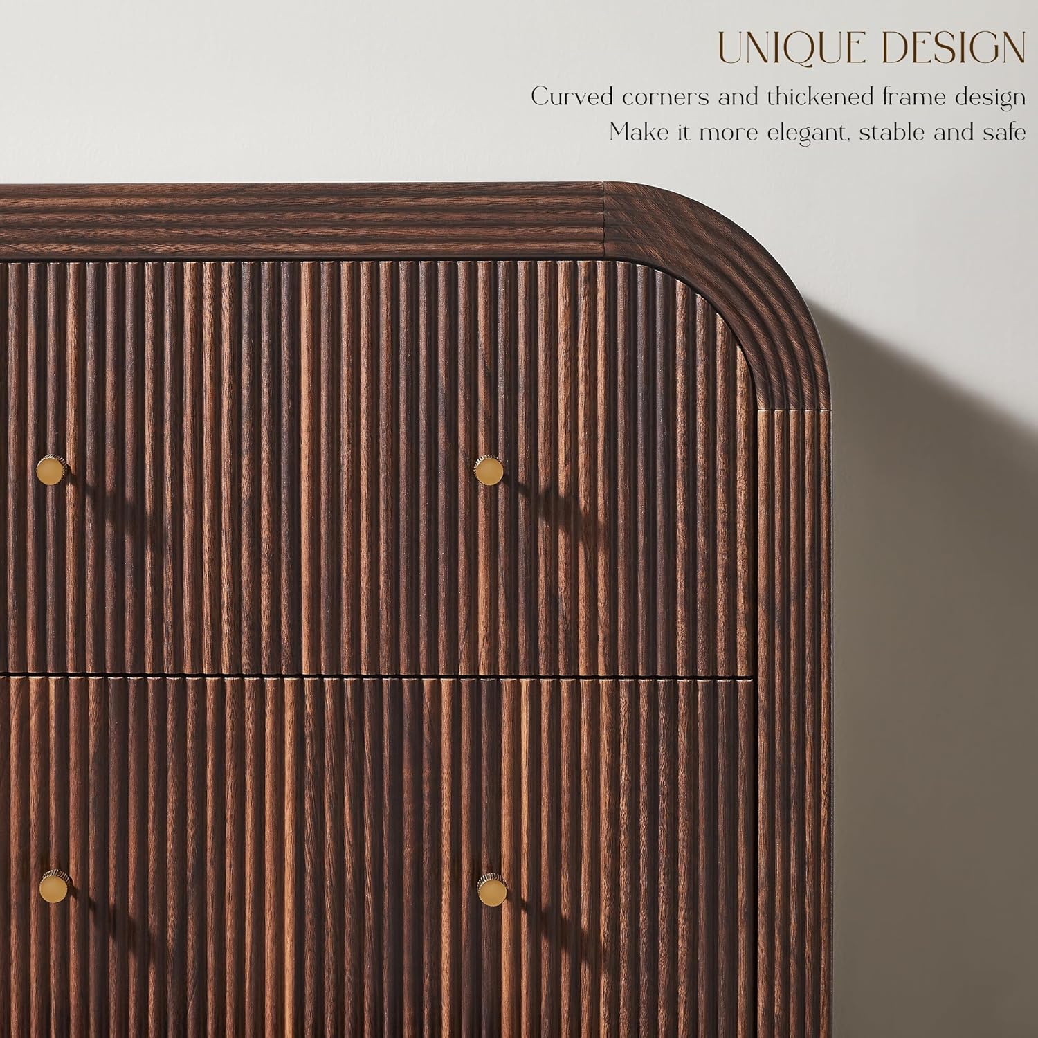 Close-up of dresser's curved corners and thickened frame design