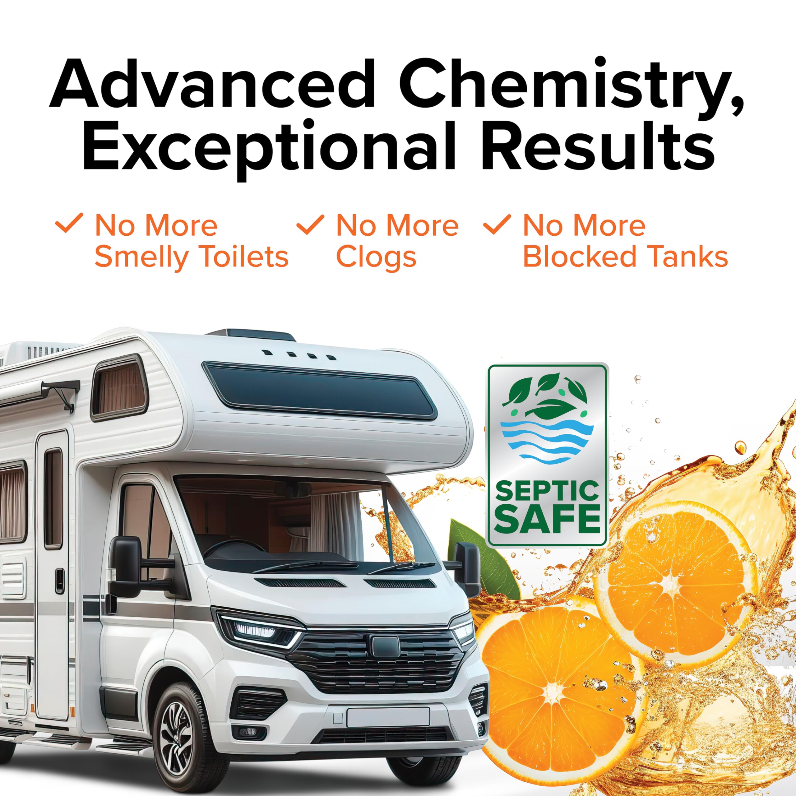 Camco TST MAX - Tratamiento de inodoro para caravana, sin formaldehído, descompone residuos y tejidos, seguro para tanque séptico, trata tanques de retención de hasta 8 a 40 galones, aroma naranja, (8