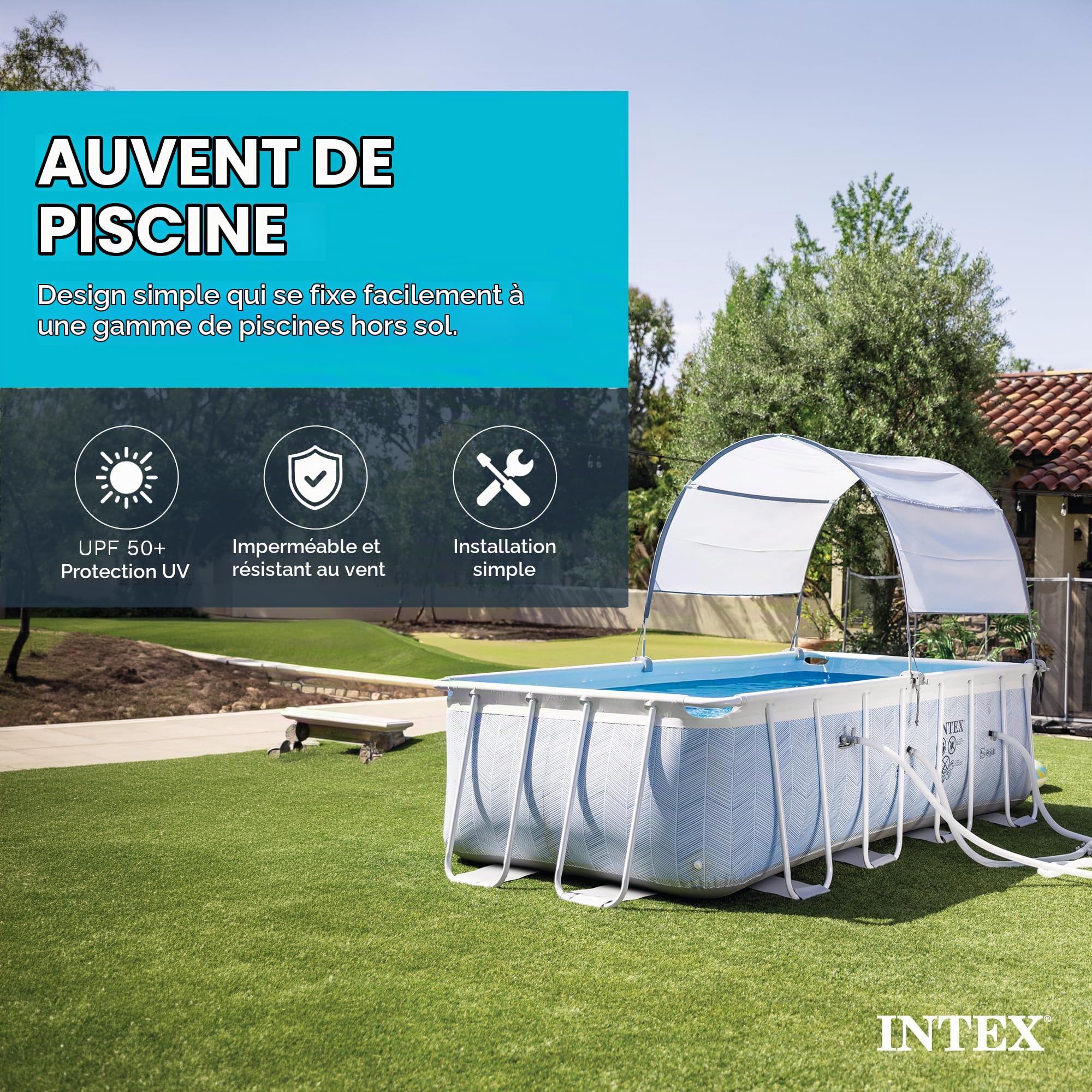 Intex 28054E Bâche de Protection UPF 50 Plus, Facile à Installer, imperméable, pour piscines rectangulaires de 2,7 m ou Plus Petites, Gris