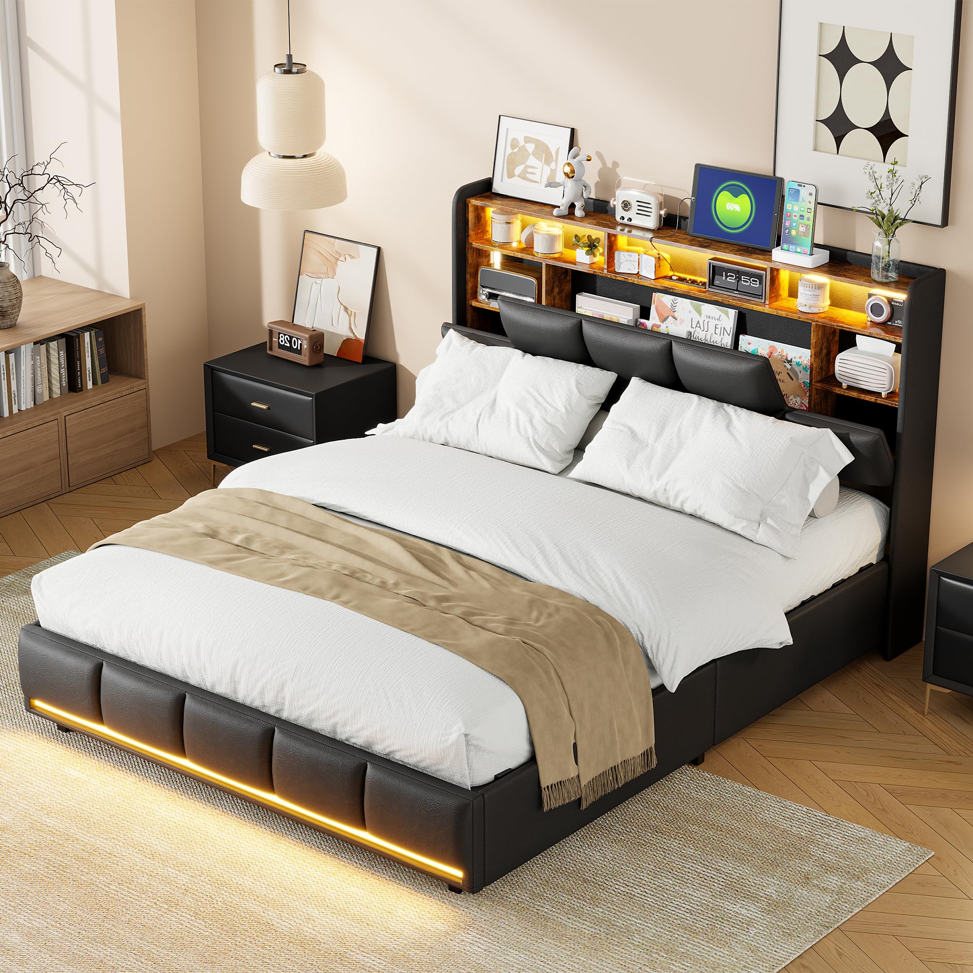 LIVLUX Letto imbottito 160x200 cm con Contenitore idraulico, letto matrimoniale con illuminazione a LED e presa USB, testiera con vano portaoggetti, Letti Contenitore con rete a doghe, PU