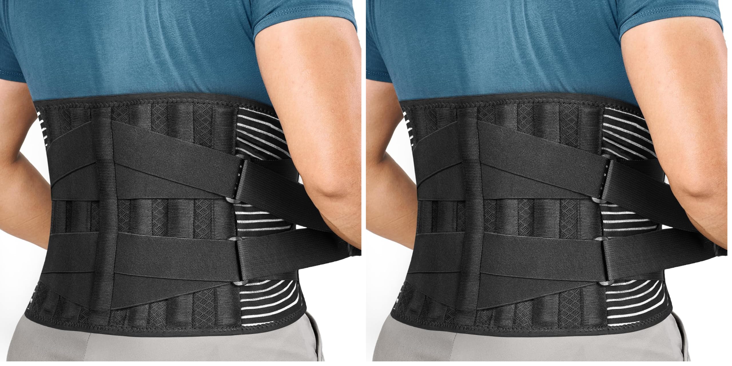 FREETOO Back Braces for Lower Back Pain Relief with 6 Stays, Breathable Back Support Belt for Men/Women for work, Anti-skid lumbar support belt with 16-hole Mesh for sciatica(M) (Pack of 2)