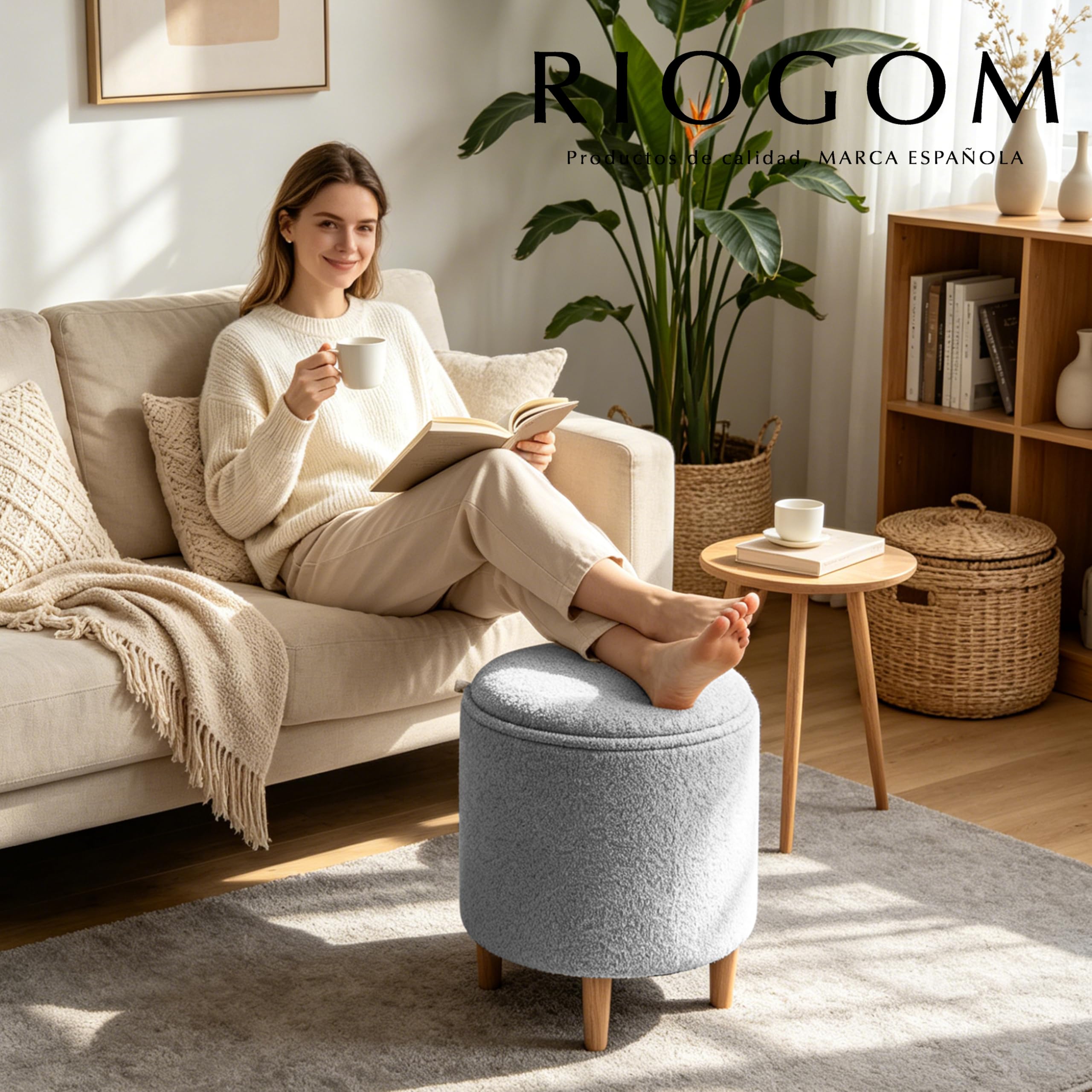 Puff Almacenaje, 45.5xØ36, Banco de Almacenamiento, Reposapiés con Patas, Otomana, Boucle, Reposapies Sofa, Taburete almacenaje, Banco almacenaje, Mesa Madera Asiento (Gris, Borrego)
