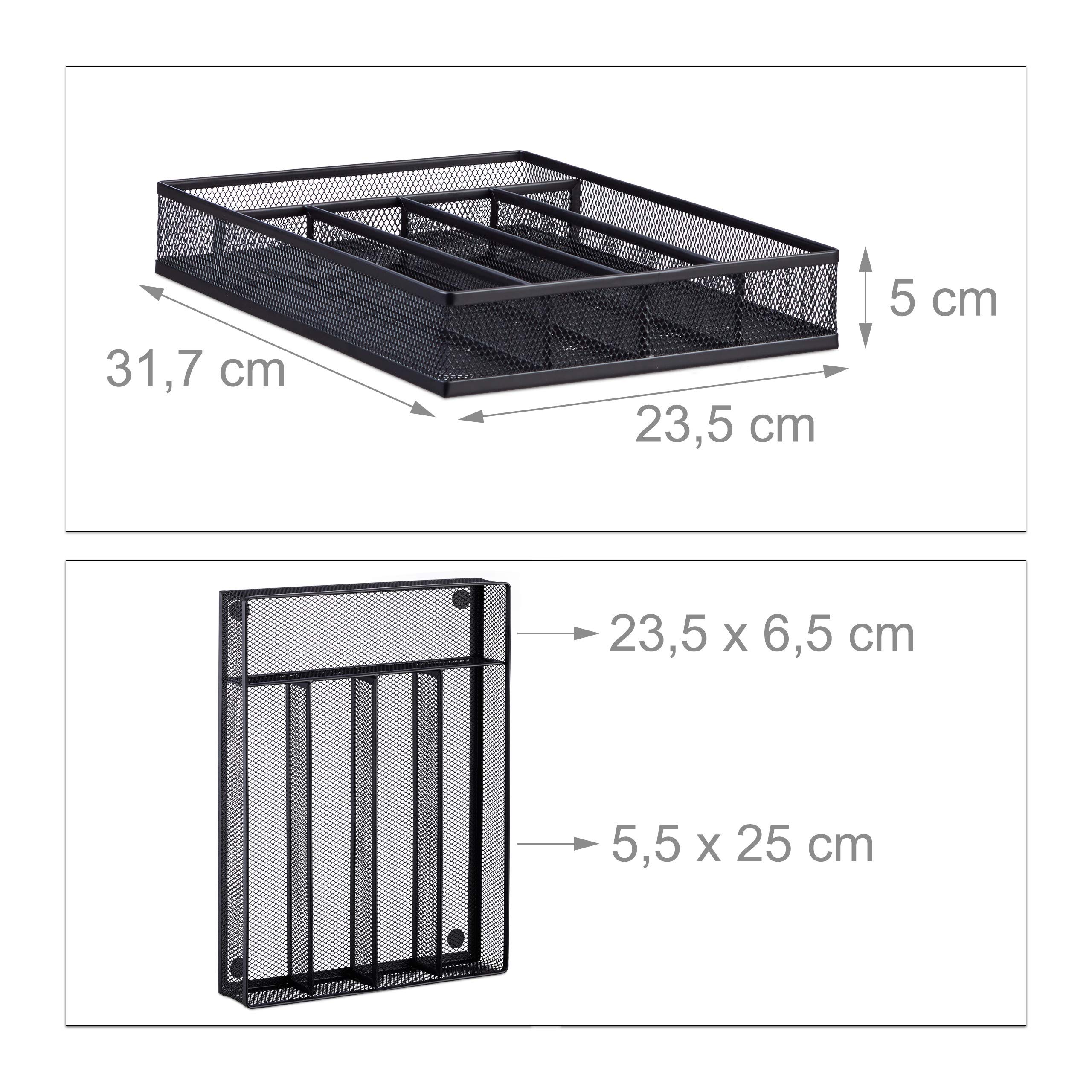 Relaxdays Pojemnik na sztućce plecionka metalowa, wkład na sztućce otwarty, rozmiar M, wys. x szer. x gł.: ok. 5 x 23,5 x 31,7 cm, wąski, czarny