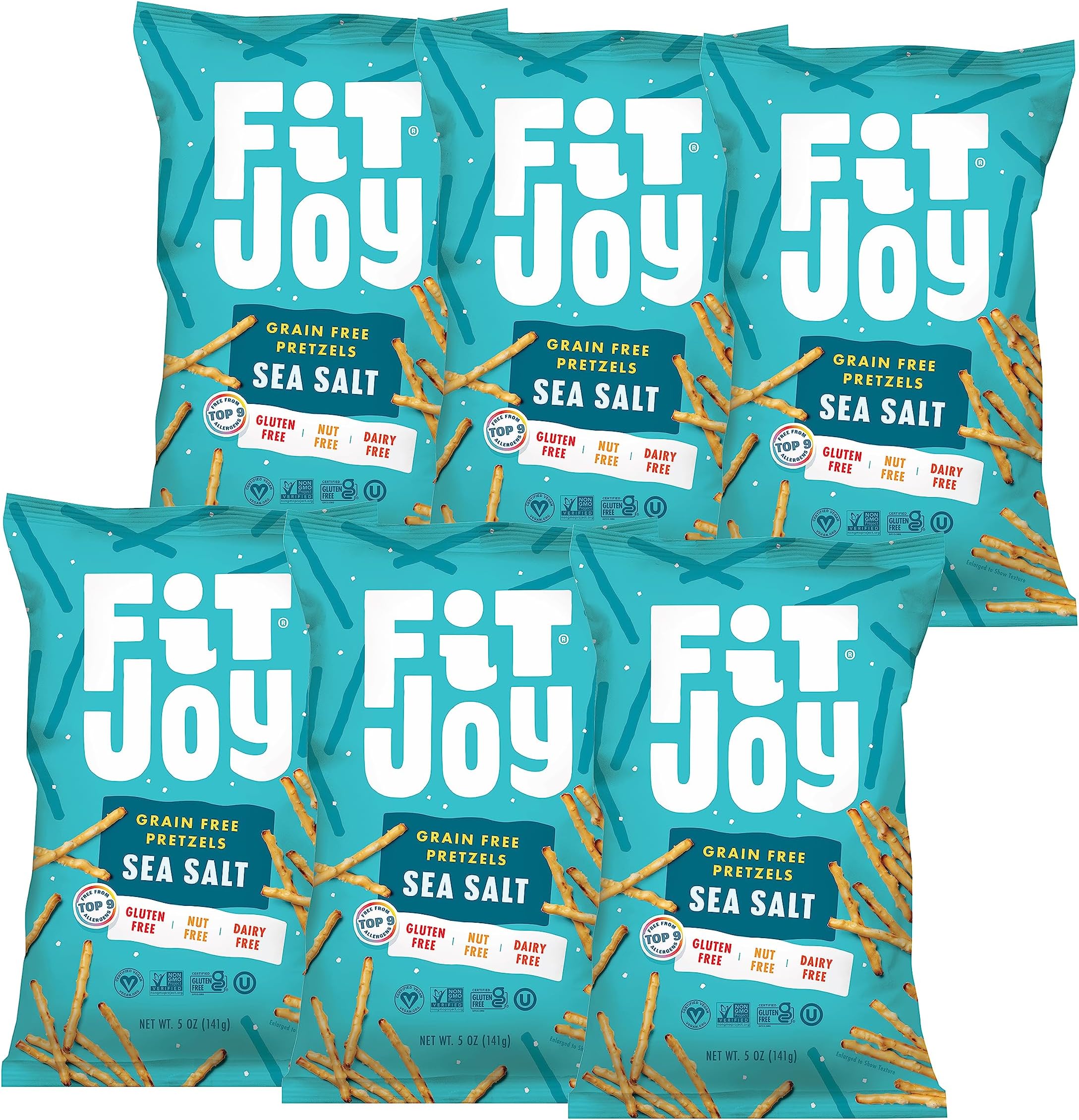 FitJoy Gluten Free Pretzels, Sea Salt Sticks, Grain Free, Nut Free, Non-GMO Vegan Certified, Cassava and Chickpea Flour, 5 Oz, 6 Bag Pretzel Pack