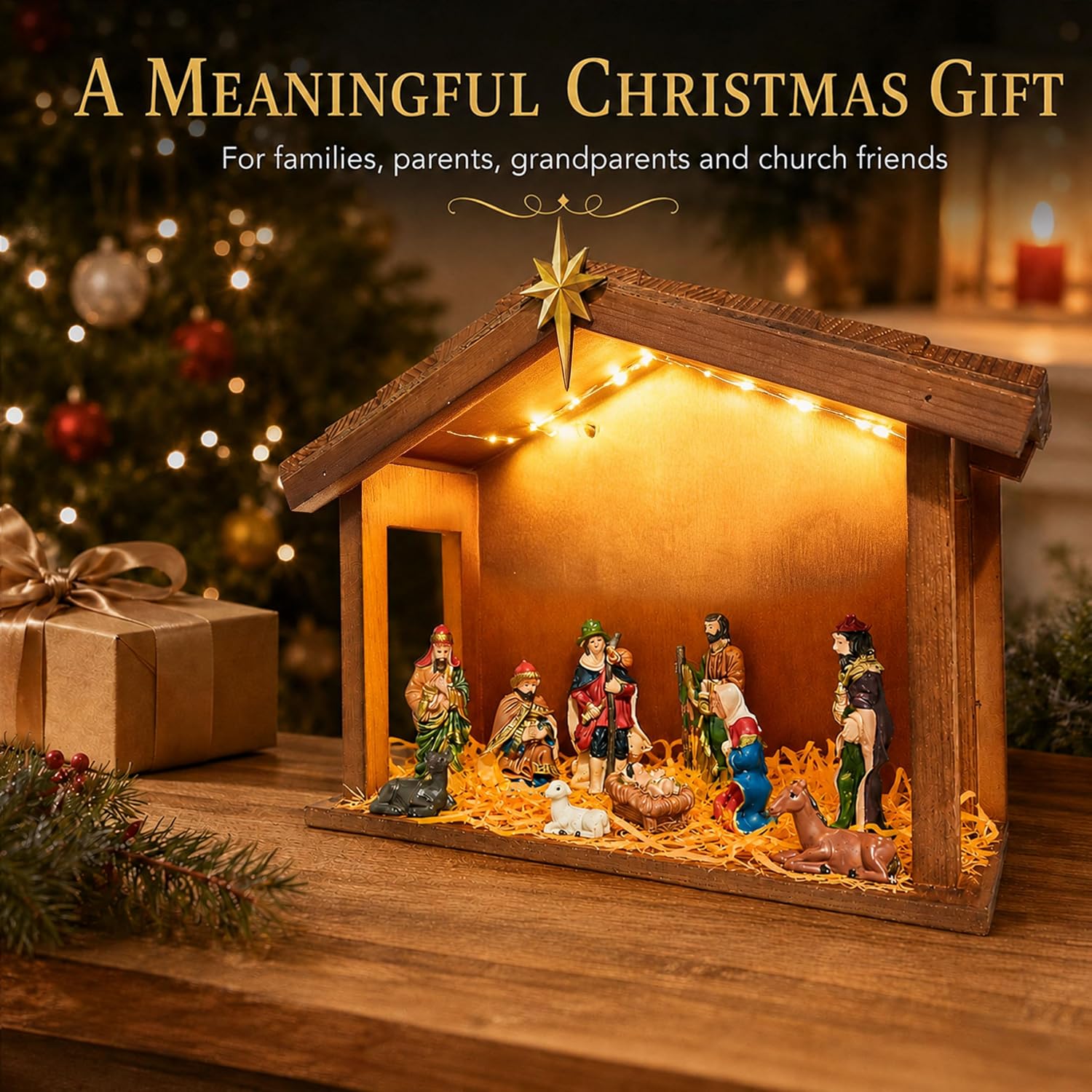 11PCS Nativity Set, Lighted Wooden Stable with Resin Figures