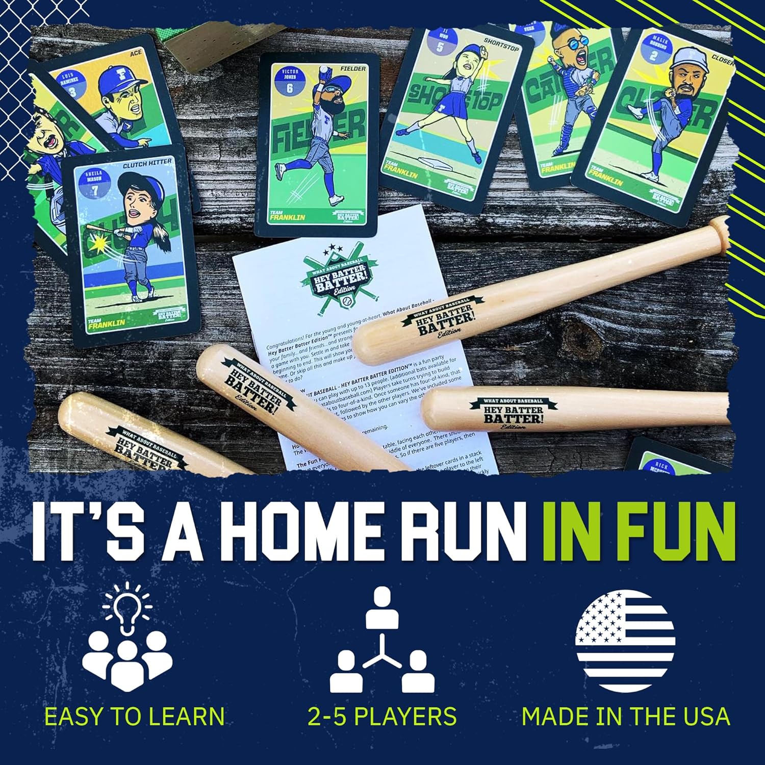 Grandma Smiley's Hey Batter Batter, Baseball Card Games for Kids 8-12, Card Games for Adults and Families, Family Card Games - 2-5 Players, 52 Custom Cards, 4 Mini Baseball Bats - Made in The USA