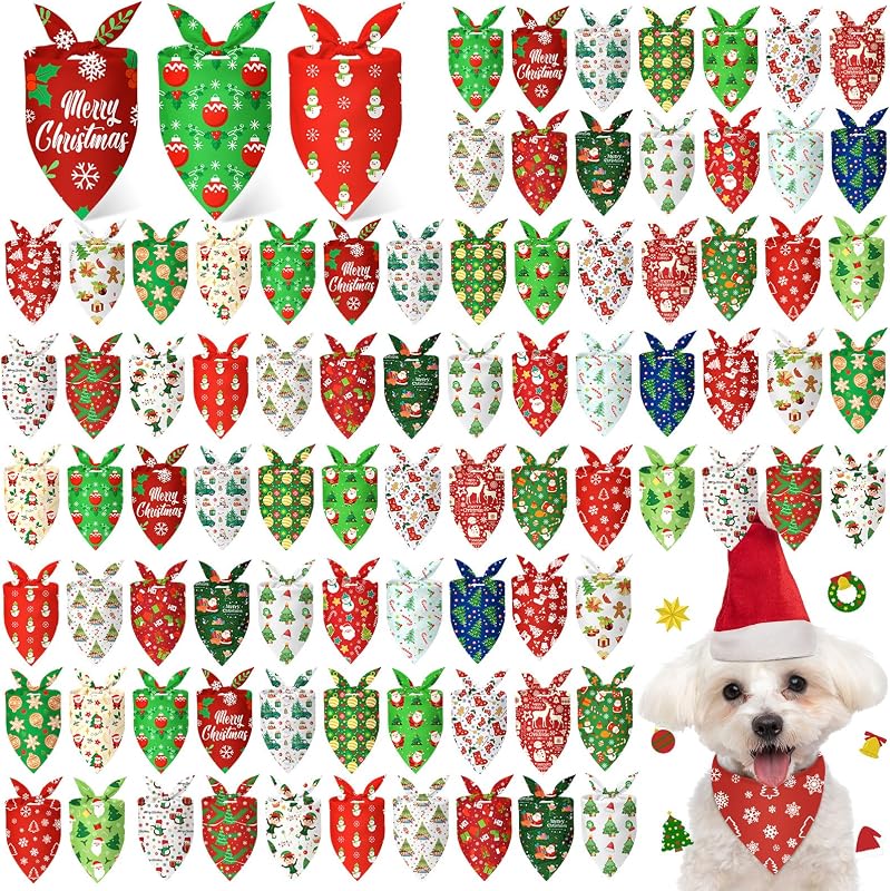 Bandanas de Natal para Cães Abbylike com Estampas de Papai Noel e Flocos de Neve, 100 Unidades
