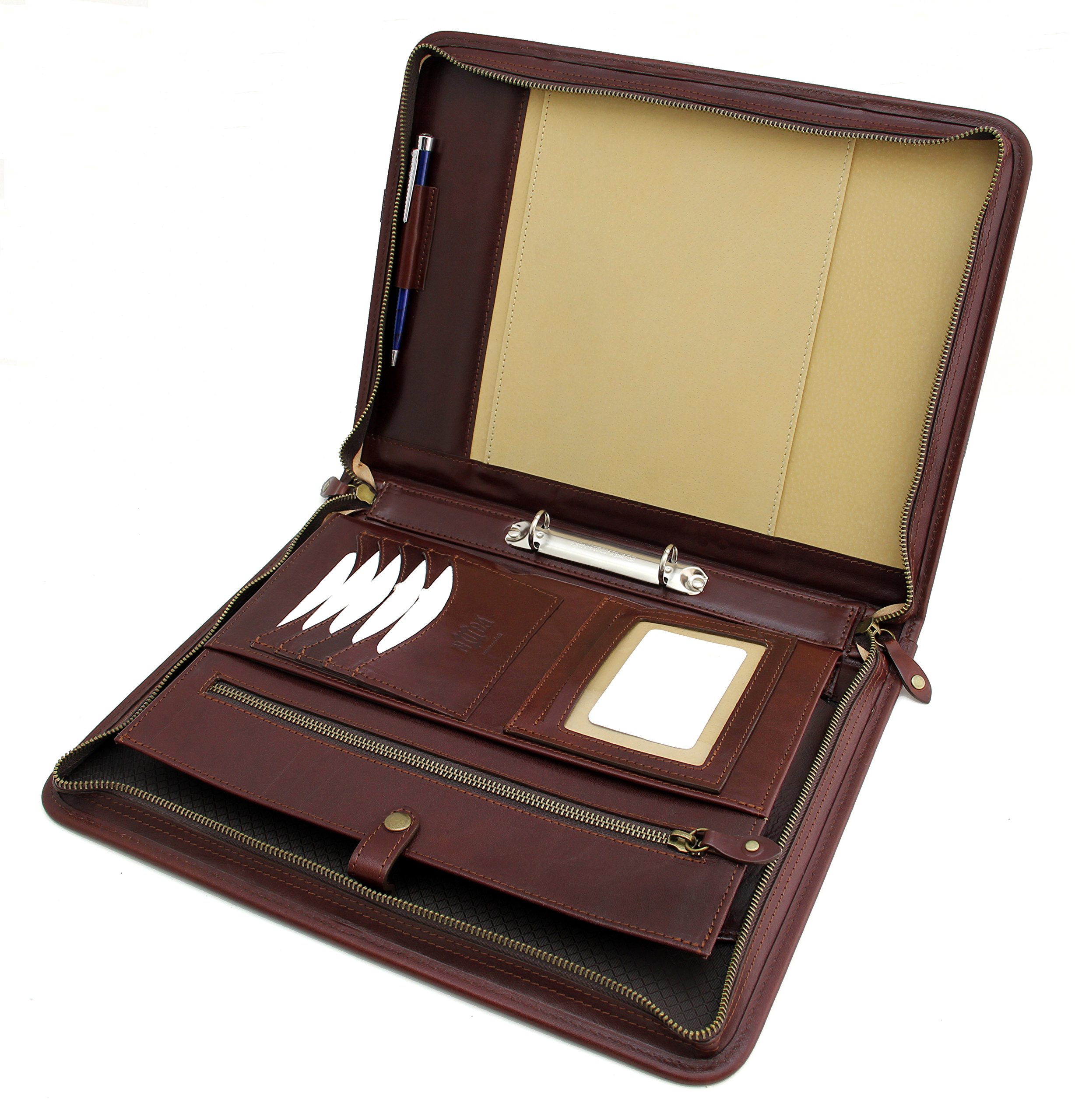 Noda Executive Leather Padfolio 2 raccoglitore ad anelli Professional Business portfolio W/chiusura con cerniera | Resume, documento, blocco note, tablet, writing Pad organizer | uomo, donna marrone