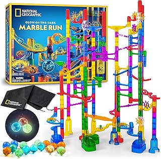 NATIONAL GEOGRAPHIC Glowing Marble Run – 150 Piece Construction Set with 30 Glow in The Dark Glass Marbles & Storage Bag, STEM Gifts for Boys and Girls, Building Project Toy (Amazon Exclusive)