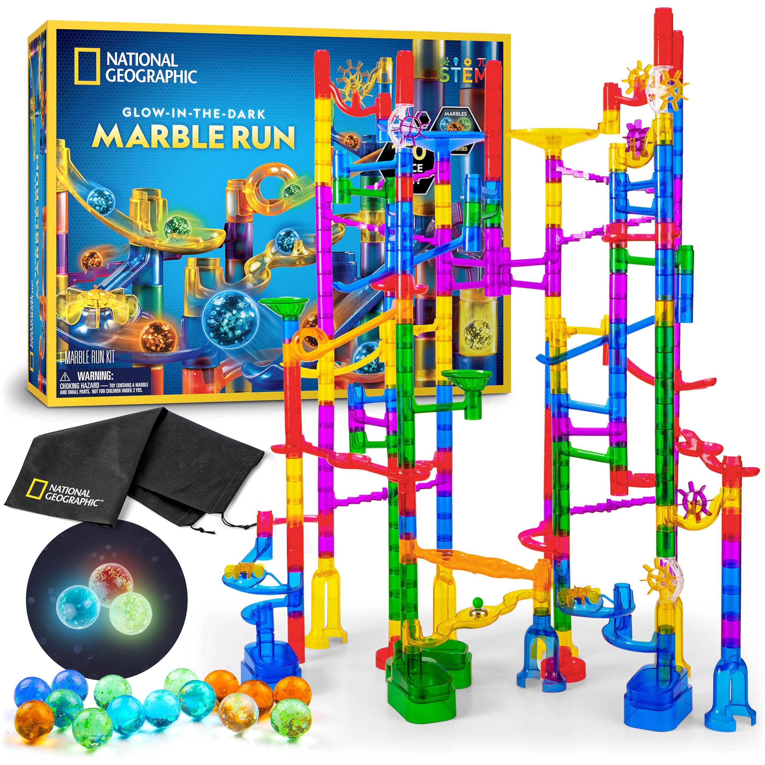 NATIONAL GEOGRAPHIC Glowing Marble Run – 150 Piece Construction Set with 30 Glow in The Dark Glass Marbles & Storage Bag, STEM Gifts for Boys and Girls, Building Project Toy (Amazon Exclusive)