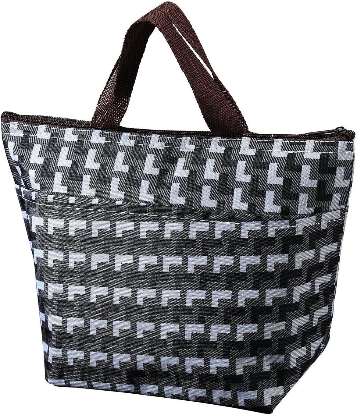 Cookey Lunch Bag, Portable Takeaway Insulated Zip Cooler Tote Storage Bag Reusable for Outdoor, Camping, Picnic(Black and White Grid)