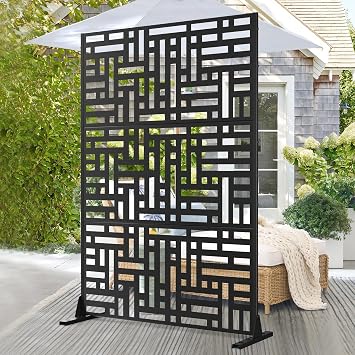 Elevens Patio Privacy Screen Balcony Decorative Screen Set with Stand, Outdoor Decor Privacy Fence Screen, Indoor Room Decorative Divider Geometry-Black