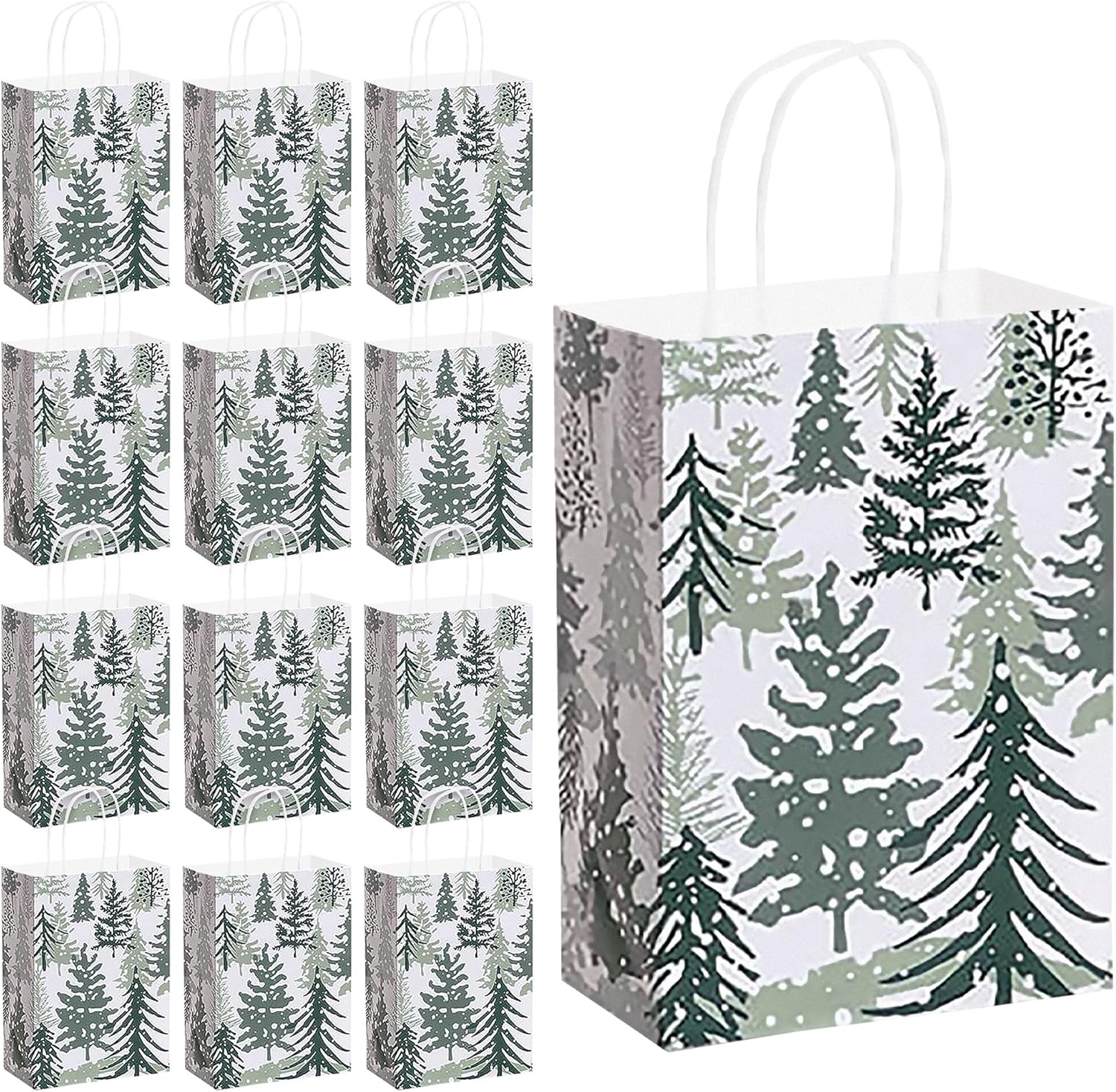 Christmas & Winter Snowy Pine Paper Gift Bags and Party Favor Bags, Small Size - 5.25 Inches x 3.5 Inches x 8.25 Inches (12 Pack)