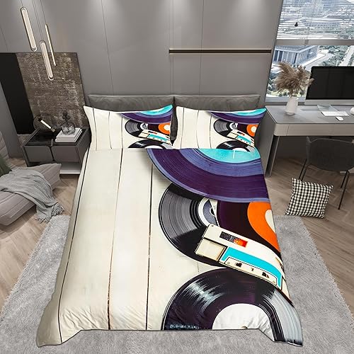 Juego de funda de edredón musical vintage, tamaño individual, diseño retro de los años 80, para niños y niñas, juego de funda de edredón con diseño