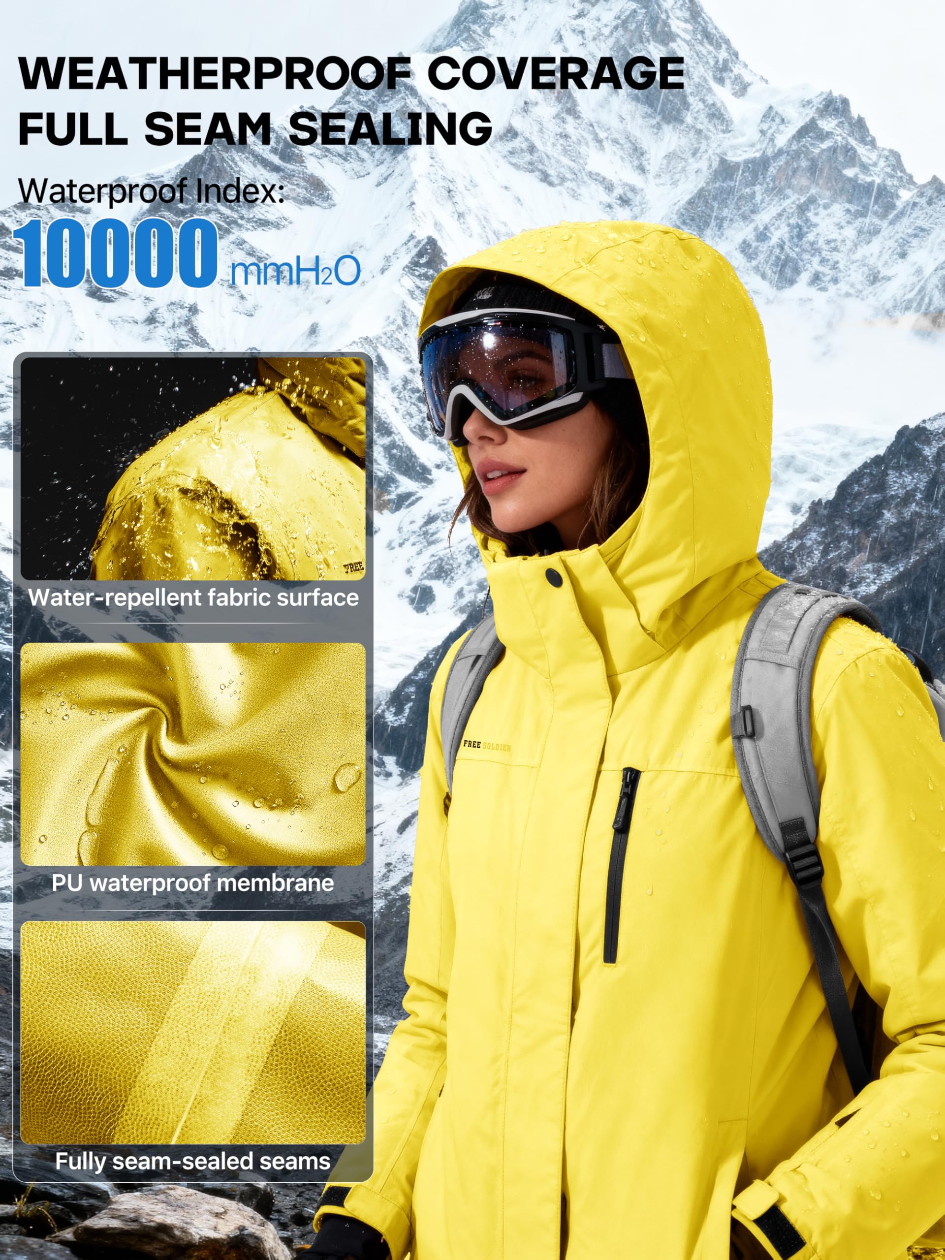 FREE SOLDIER Women's Waterproof Ski Snow Jacket Fleece Lined Warm Winter Rain Jacket with Hood Fully Taped Seams