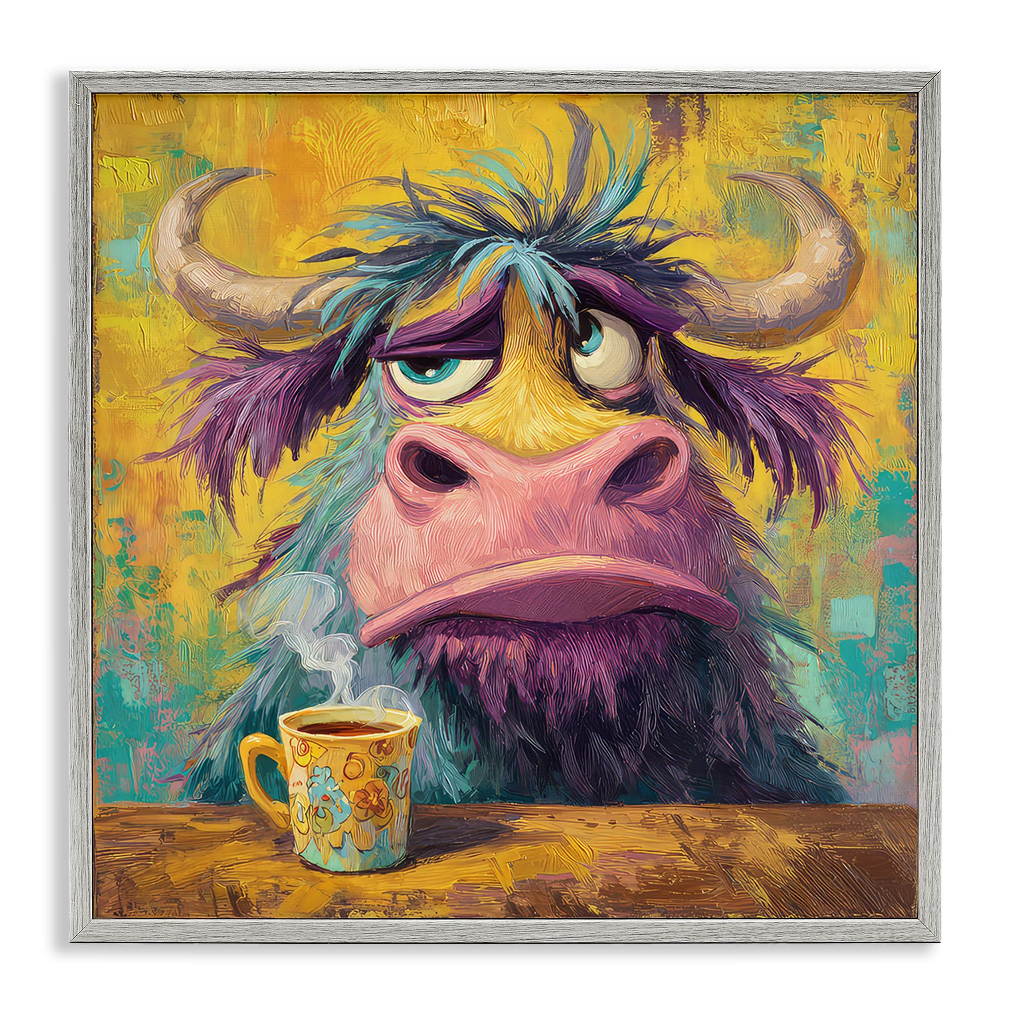 Stupell Industries 'Grumpy Cow & Mug', Framed Giclee Art, Gray, 24 x 24 Inches, Easy to Hang and Sturdy, Made in USA, by The Wands Want