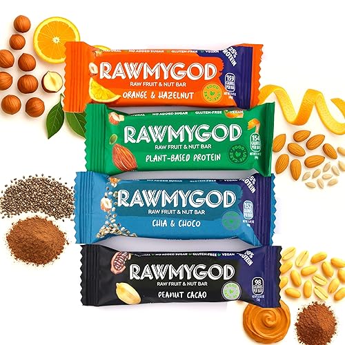 Miniatura 6 de RAWMYGOD Barras de frutas y nueces, sin gluten, veganas, sin azúcar añadida (16 barras, paquete de proteínas, 4 naranja y avellana, 4 frutas y