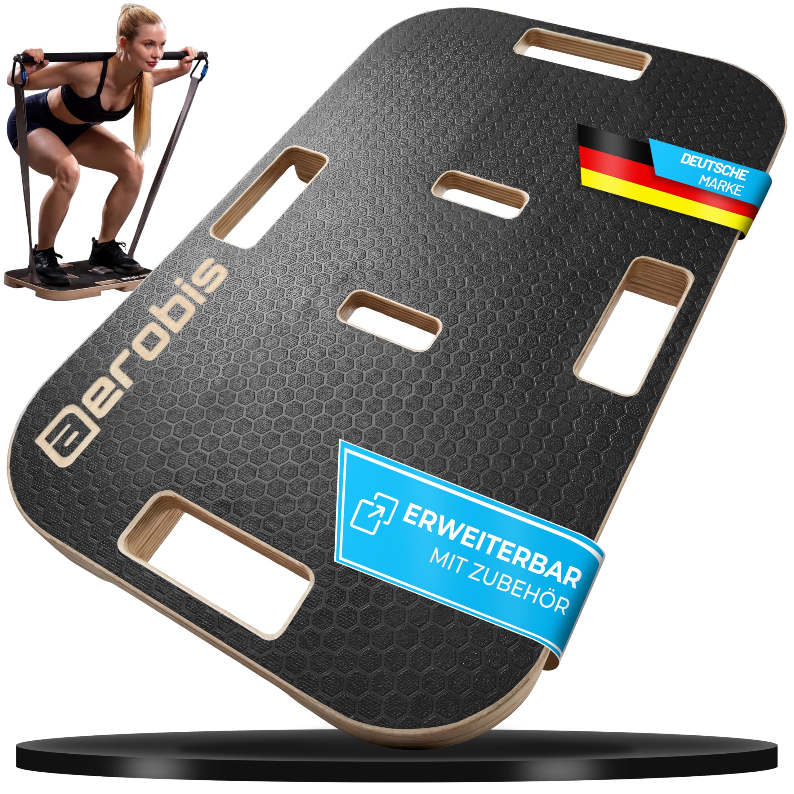 aerobis® Base Board – Trainingsplattform aus Holz für Widerstandstraining – Rutschfeste Fitness-Platte mit Gummifüßen – Kompatibel mit Powerbands & Powrlink – 570x350mm – Belastbar & stabil