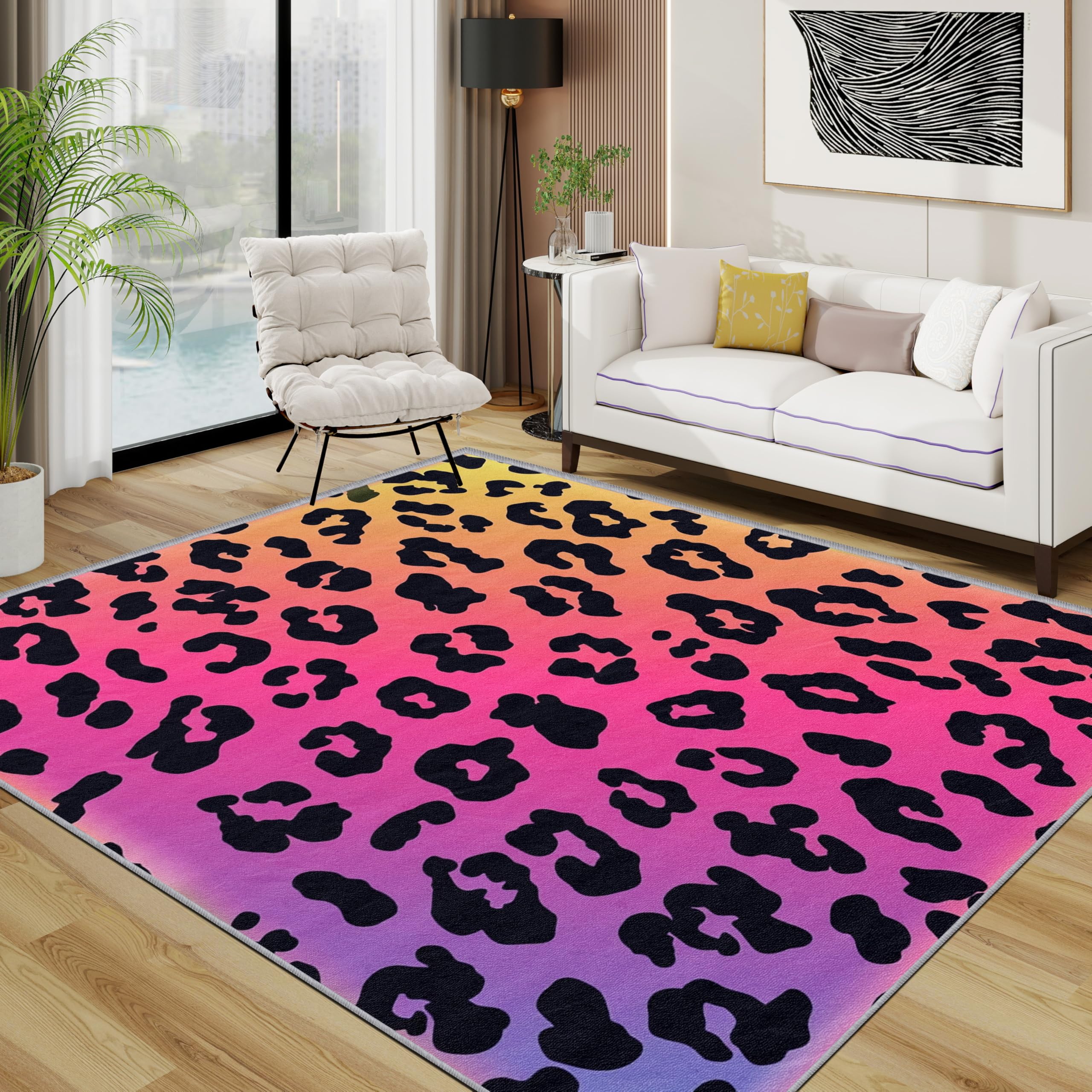 Leopard Print Rugs Living Room Large 160x230 - Pink Animal Print Bedroom Rug, Gradient fashion Washable Non Slip Low Pile Carpet, Leopard Print Home Decor