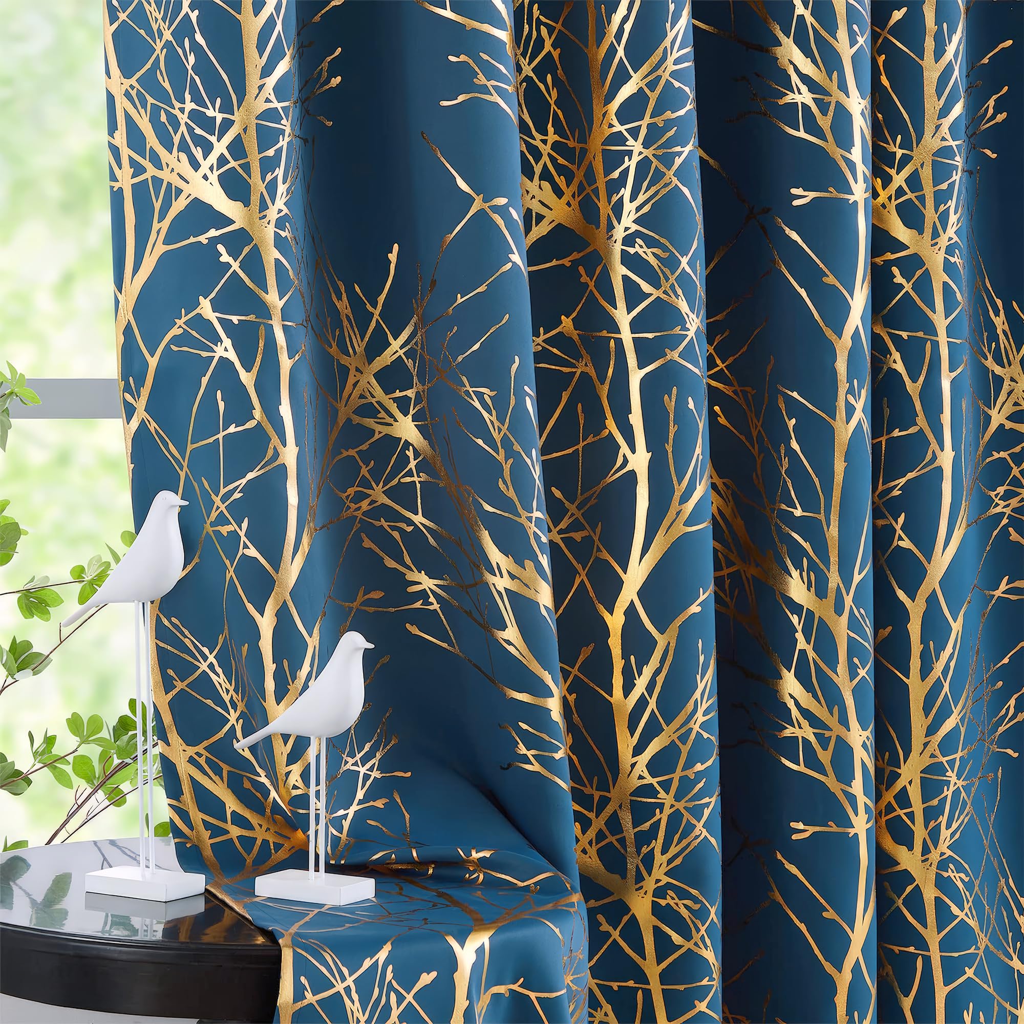 FMFUNCTEX Cortinas Opacas De árbol Azul Dorado Para Dormitorio, Sala De Estar 63 Pulgadas Con Aislamiento Termico Paneles De Cortina Metalicos