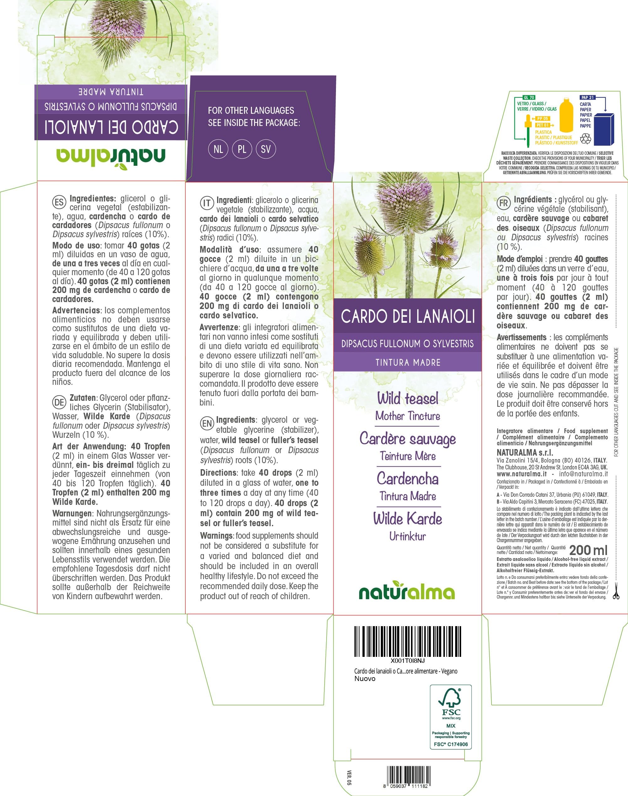 Cardo dei lanaioli o Cardo selvatico (Dipsacus fullonum o sylvestris) radici Tintura Madre analcoolica Naturalma - Estratto liquido gocce 200 ml - Integratore alimentare - Vegano