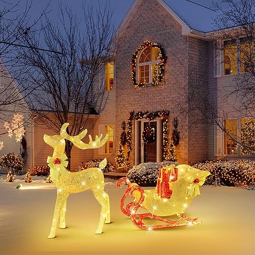 Miniatura 4 de Decoraciones de Navidad iluminadas para exteriores de renos y trineo, decoraciones de Navidad al aire libre, con luces LED y caja de regalo,