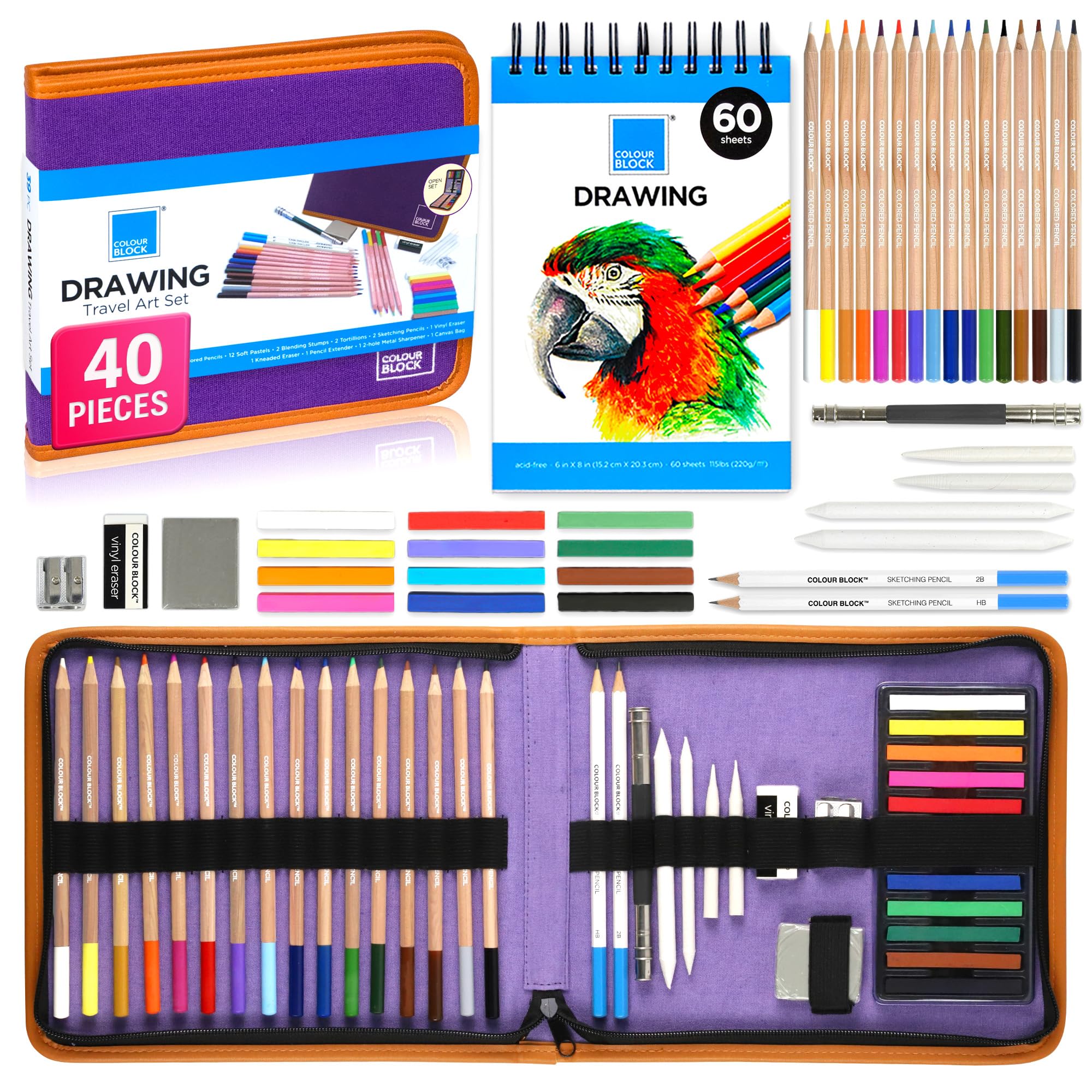 COLOUR BLOCK Drawing Travel Art Set - 60 sheets 6 x 8 Inches Drawing Pad,16 wood Colored Pencils, 12 Soft Pastels Set, 2 Sketching Pencils, and 8 Assorted Tools
