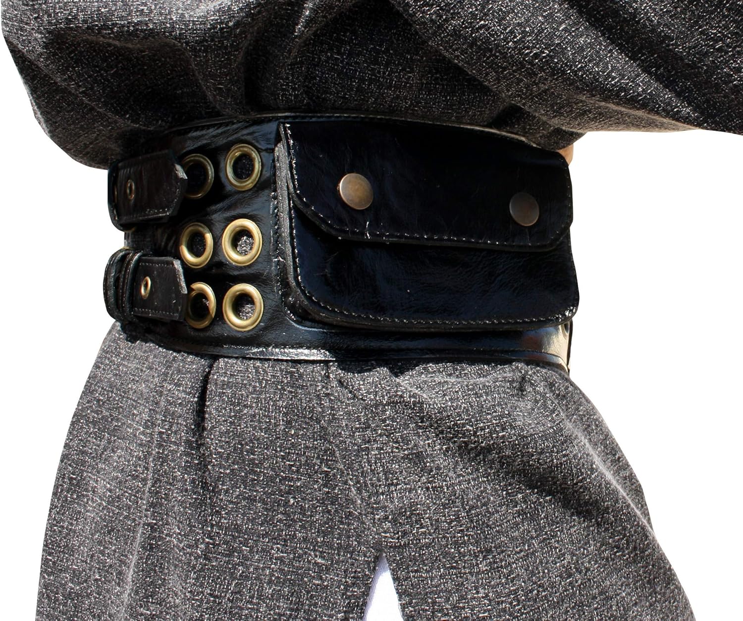 Genuine Leather Thick Biker Belt Band with Side Pockets Large Eyelets