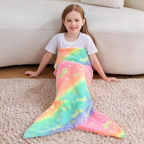 Miniatura 9 de Manta de cola de sirena para niños, regalo de unicornio y sirena que brilla en la oscuridad, manta de franela suave para niños pequeños con diseño