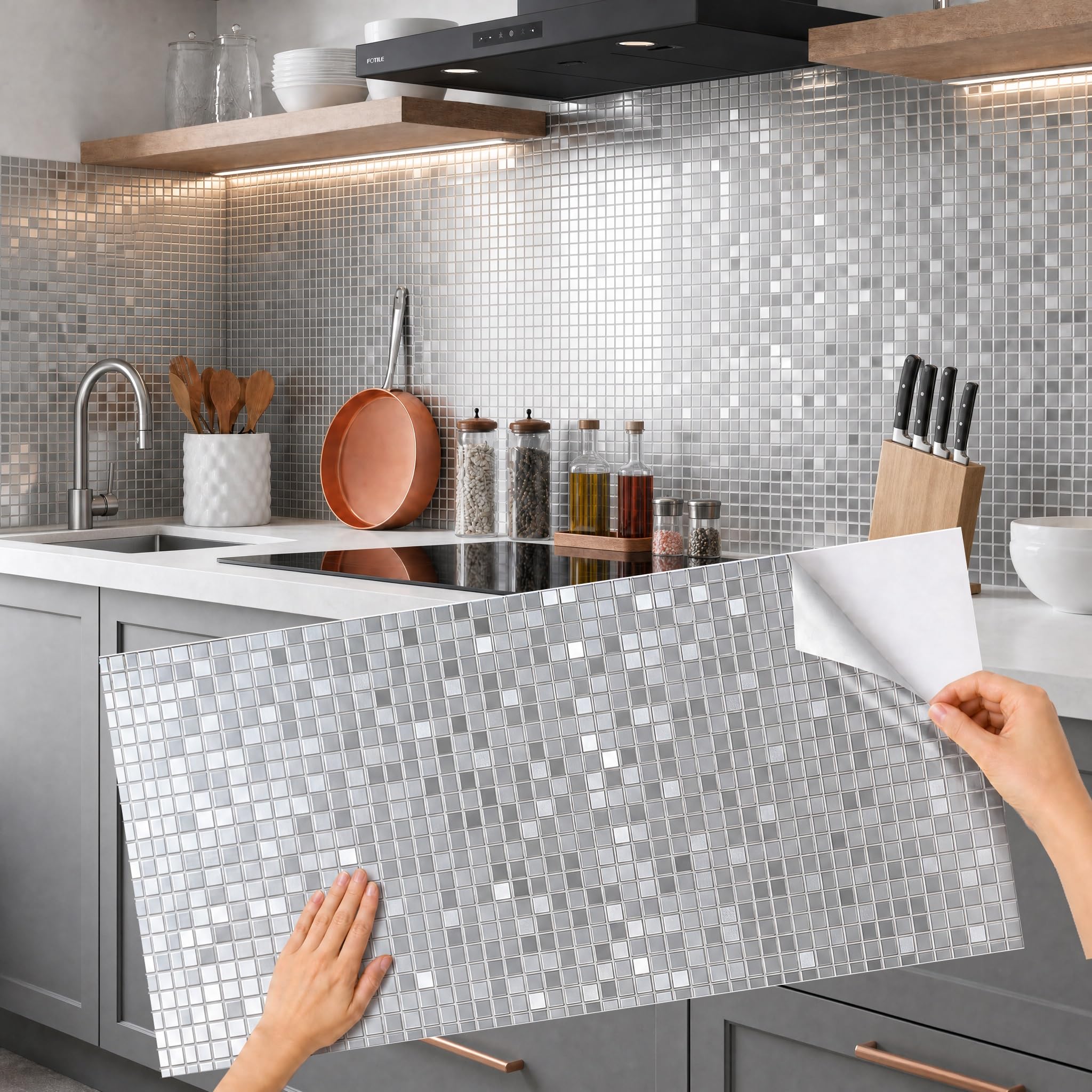 Pamatio Pack of 10 Mosaic Tile Stickers Luxury Shimmering Wall Art Room Decor Bathroom Backsplash Kitchen Splashbacks Metallic Luster Effect Peel and Stick Self Adhesive Tile Covers (Silver 30 x 60cm)