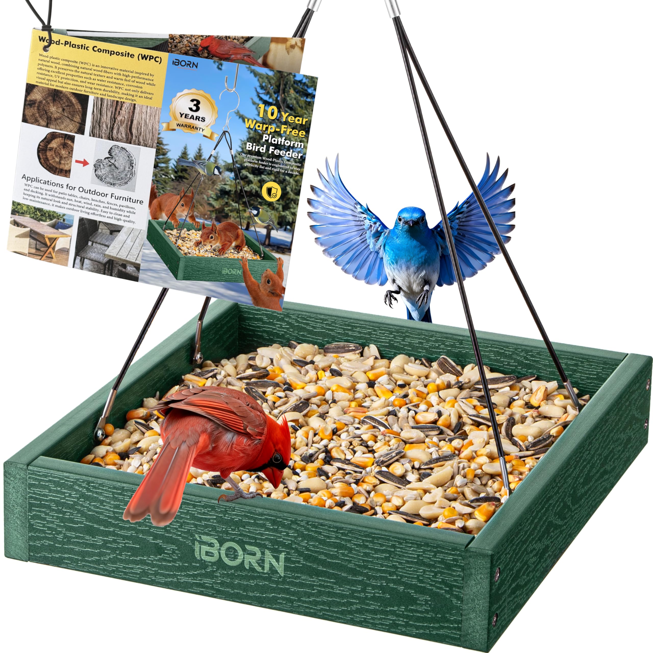 iBorn Platform Bird Feeder Tray, Bird Feeders for Outdoors Hanging, Flat Birdfeeder Tray with Large Capacity 3.6LBS, WPC Recycled Plastic & Cedar Look, Waterproof, 10.5"x10.5", Green