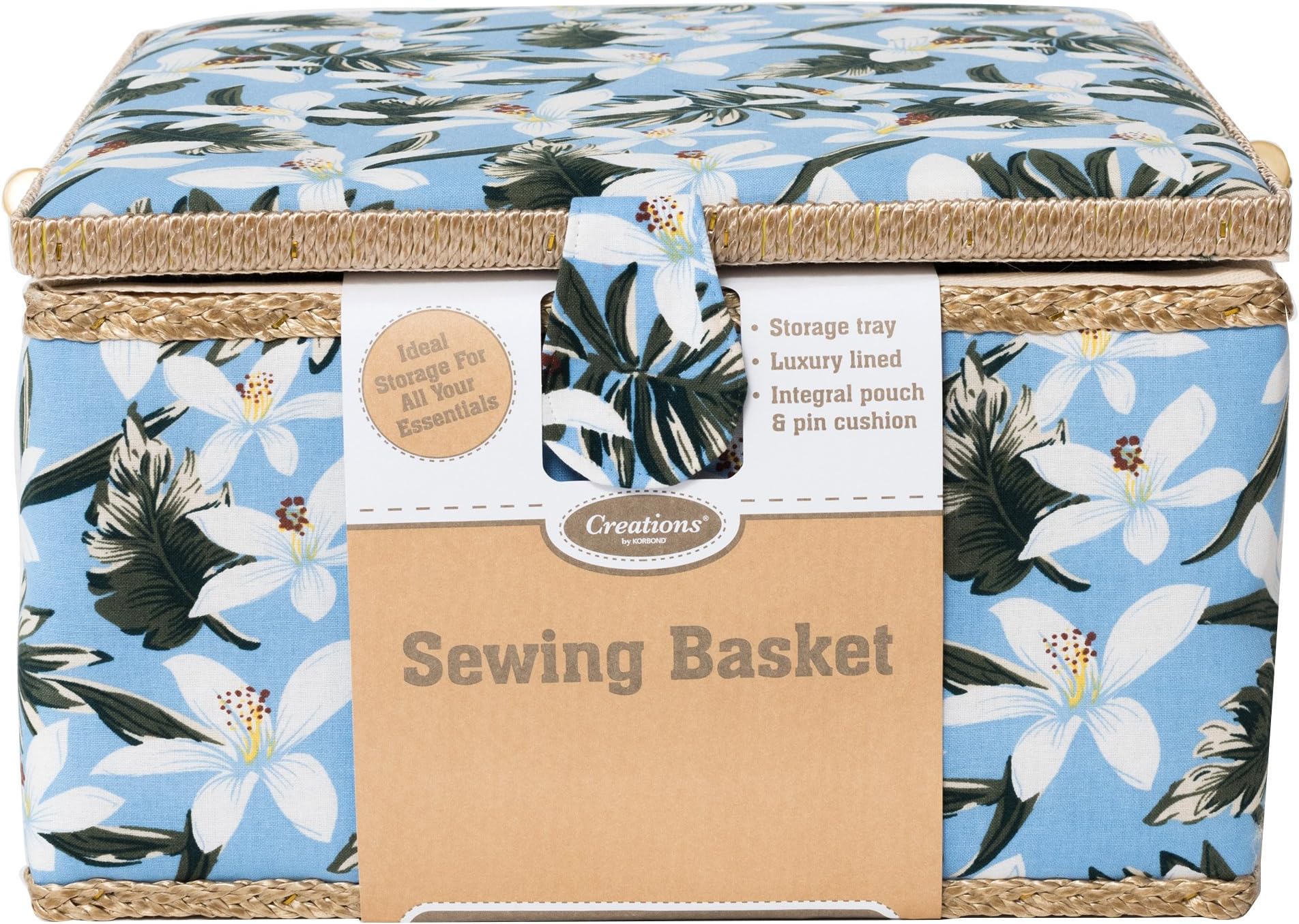 Creations by Korbond Extra Large Basket- L36cm x W34cm x H18cm – Colourful Design, Ideal for Quilting, Sewing, Crafting, Jewellery Making, Beading, Embroidery, Knitting, Crochet - Includes Pin Cushion