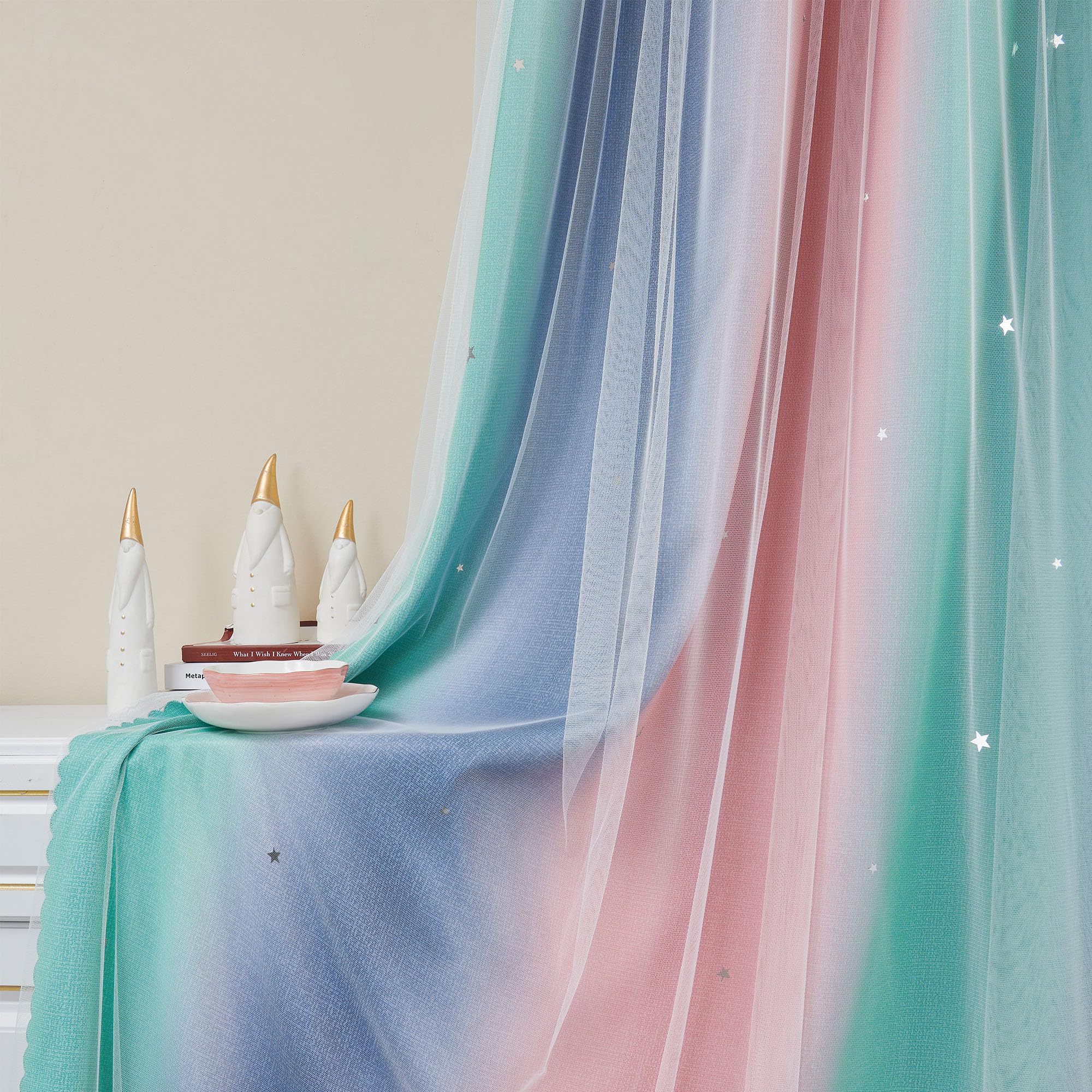 XiDi Curtains for Bedroom Decor, Rainbow Pinkgreen grey34/45